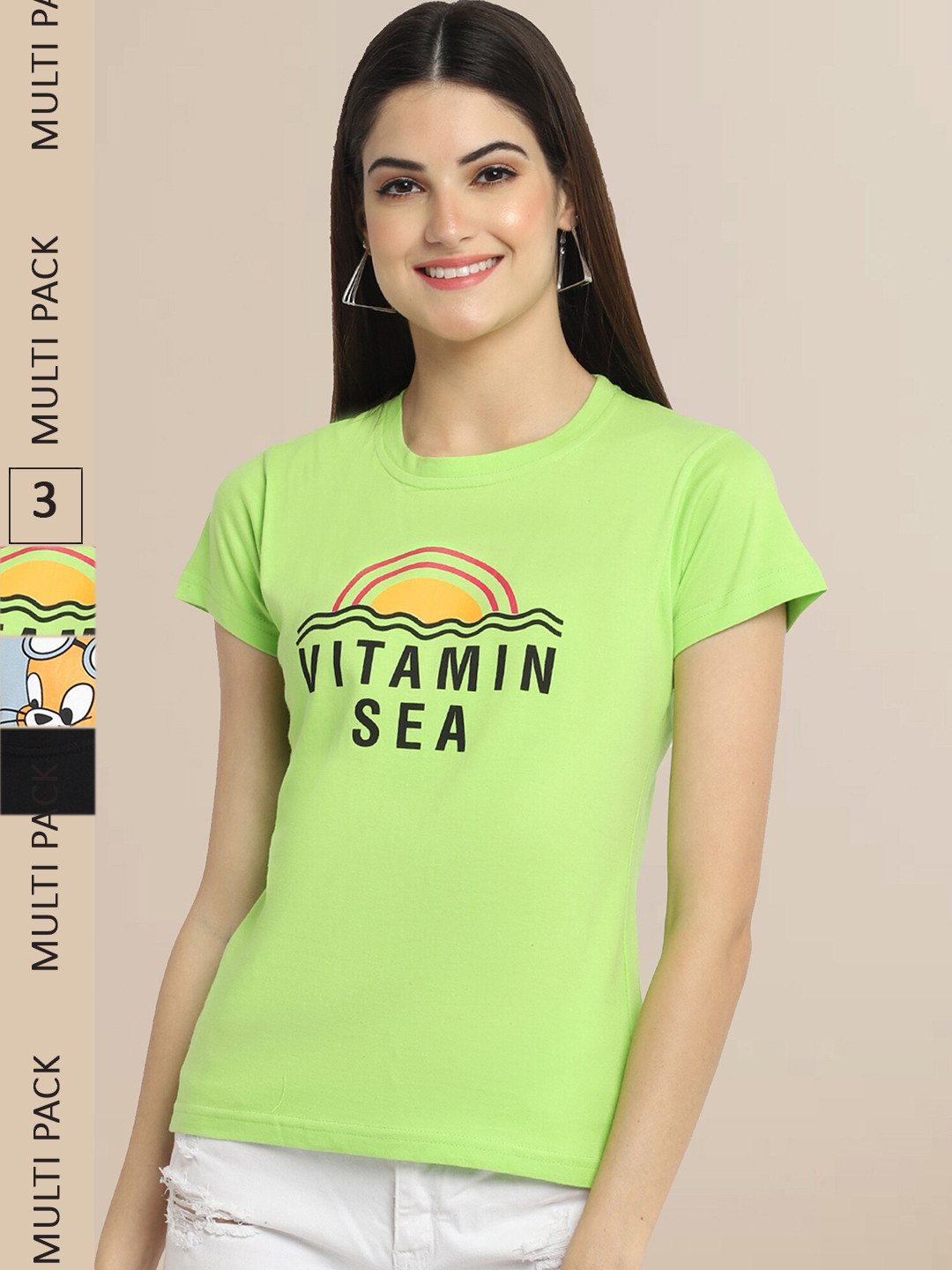 

Fabflee Women Cotton Printed T-shirt Pack of 3, Green
