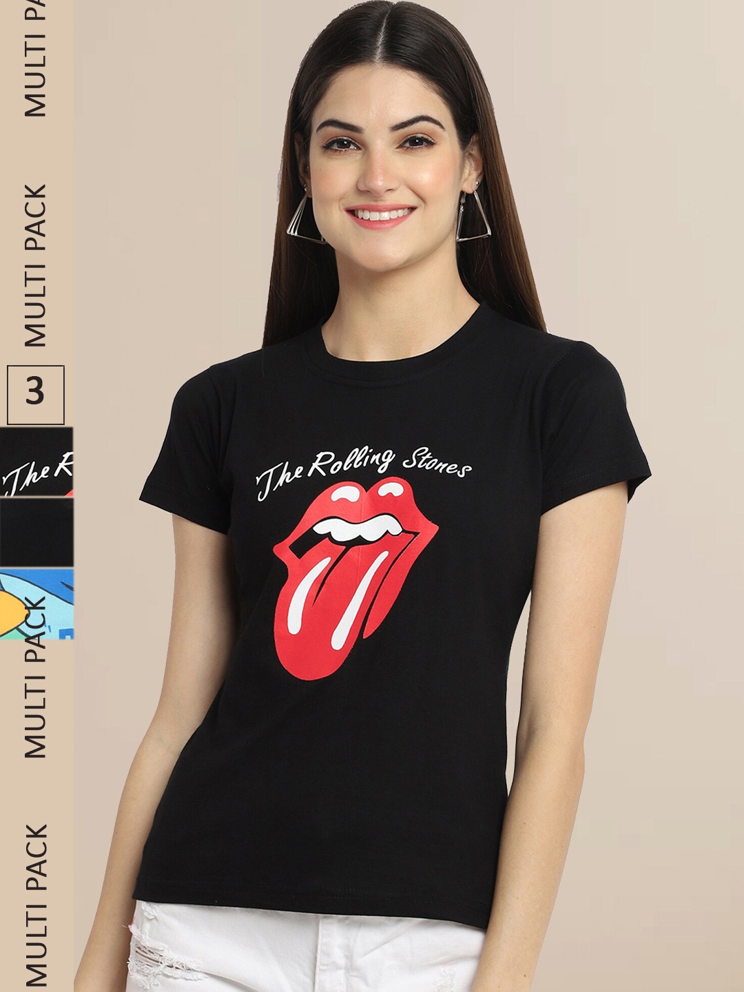 Fabflee Women Pack of 3 Cotton Printed T-shirt, Black