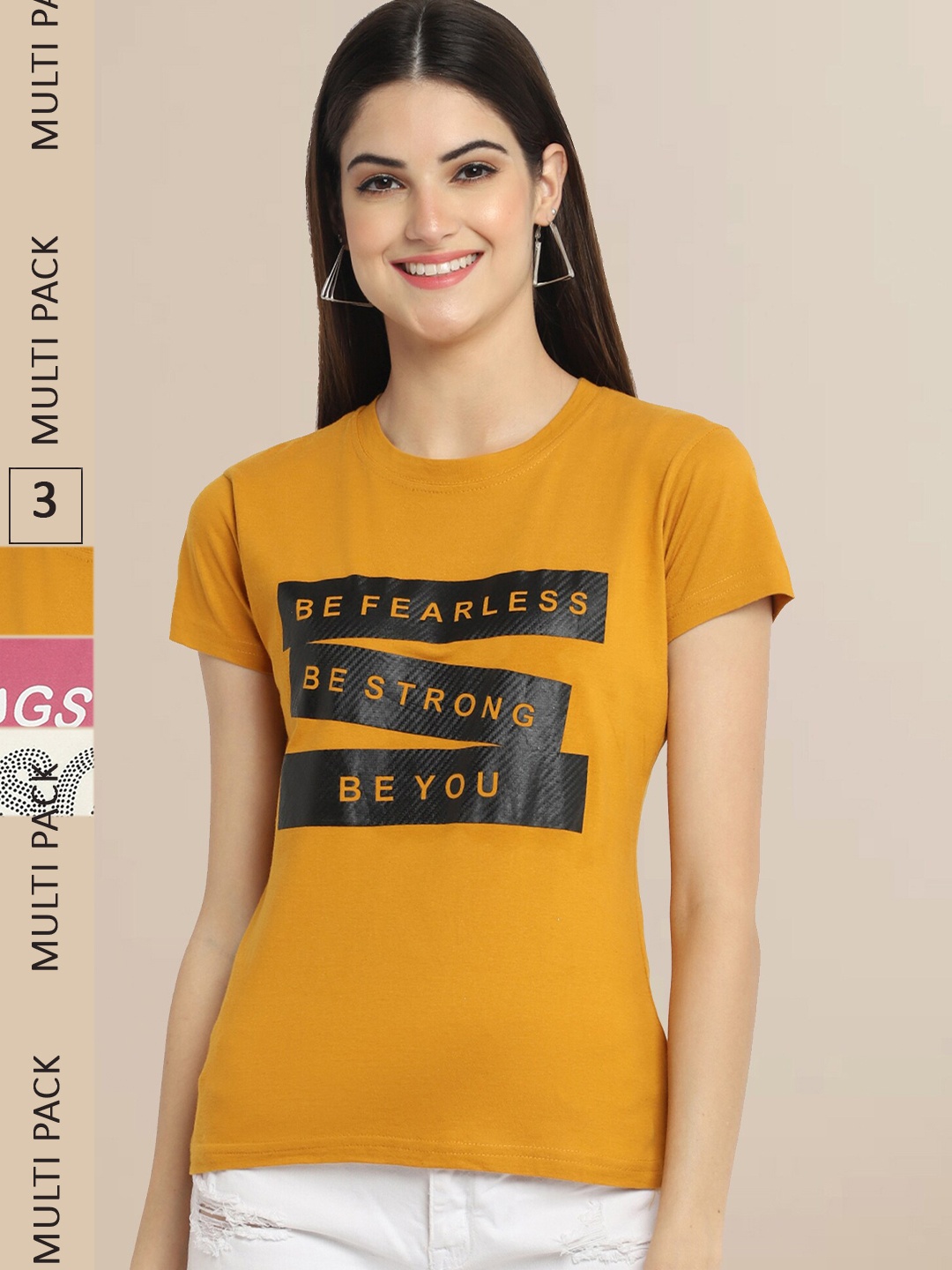 

Fabflee Women Cotton Printed T-shirt Pack of 3, Mustard