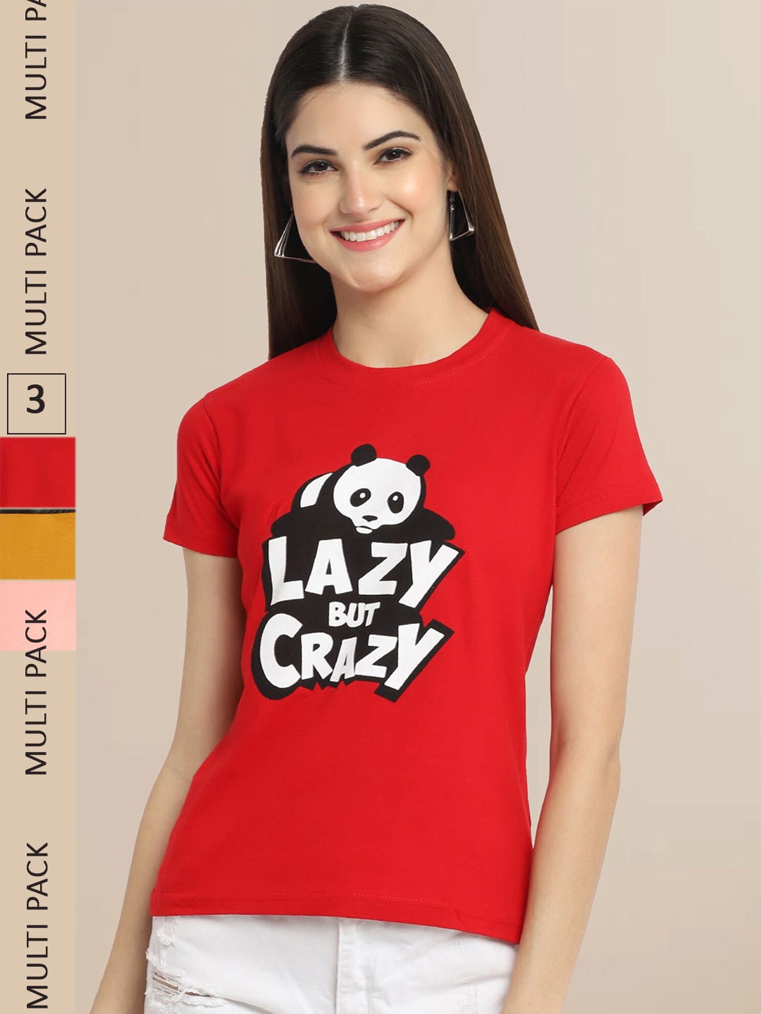 

Fabflee Women Cotton Printed T-shirt Pack of 3, Red