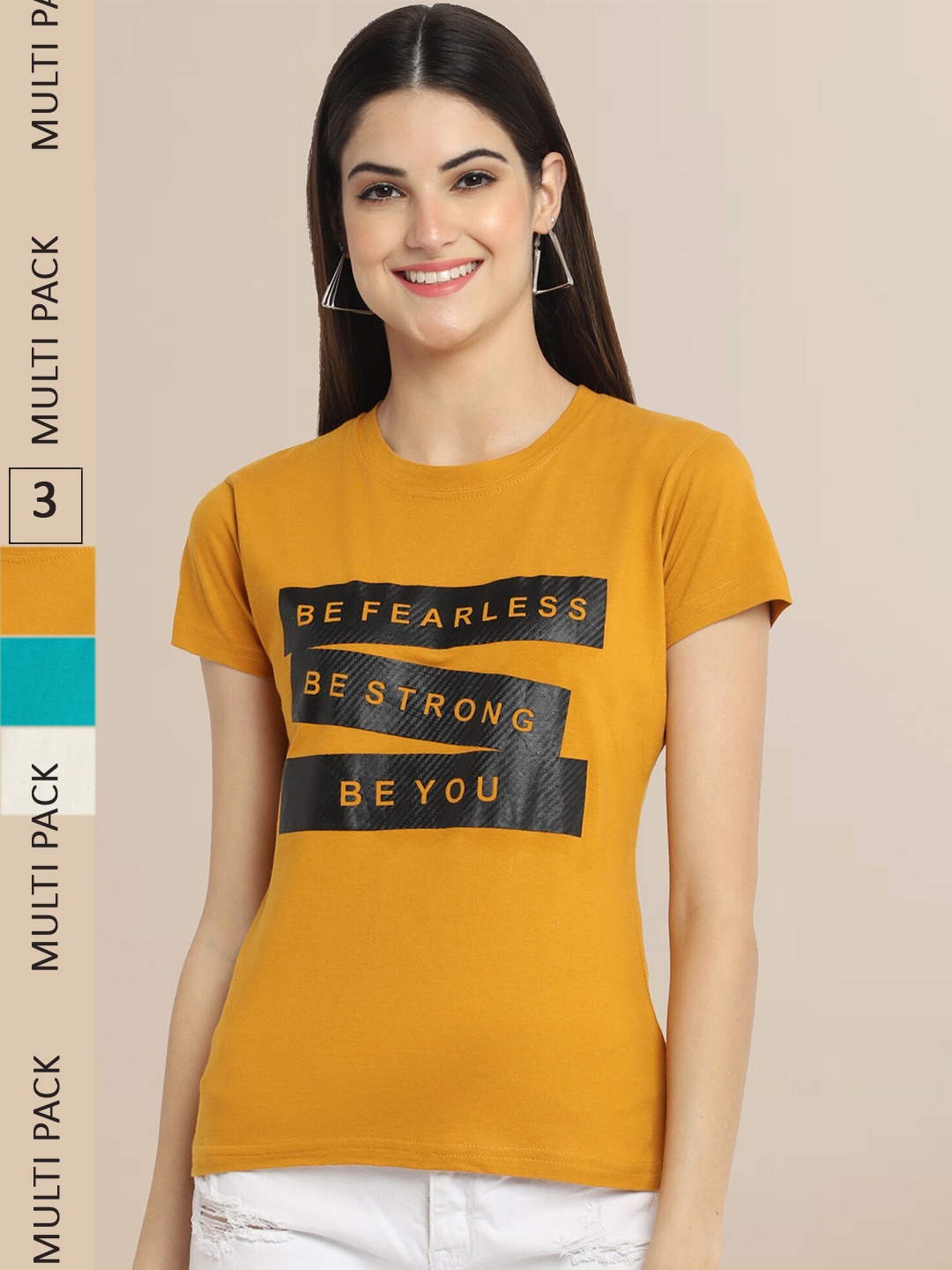 

Fabflee Women Cotton Printed T-shirt Pack of 3, Mustard