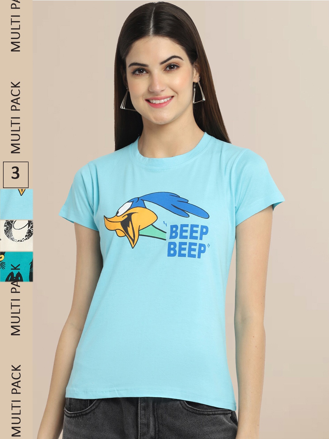 Fabflee Women Cotton Printed T-shirt Pack of 3, Blue