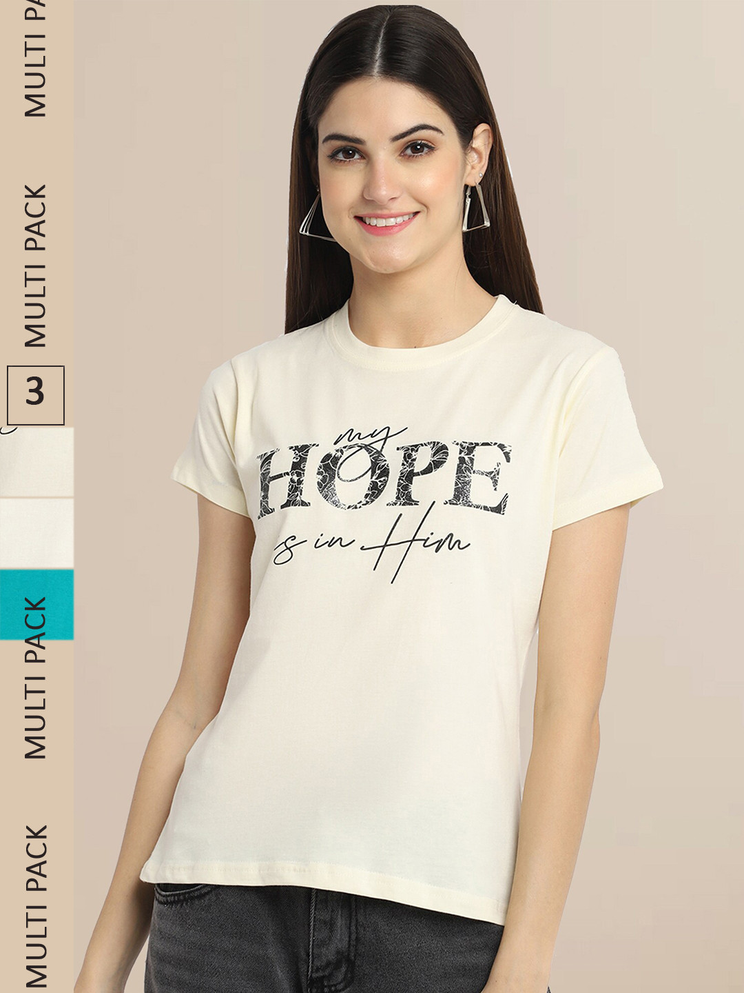 

Fabflee Women Cotton Printed T-shirt Pack of 3, Cream