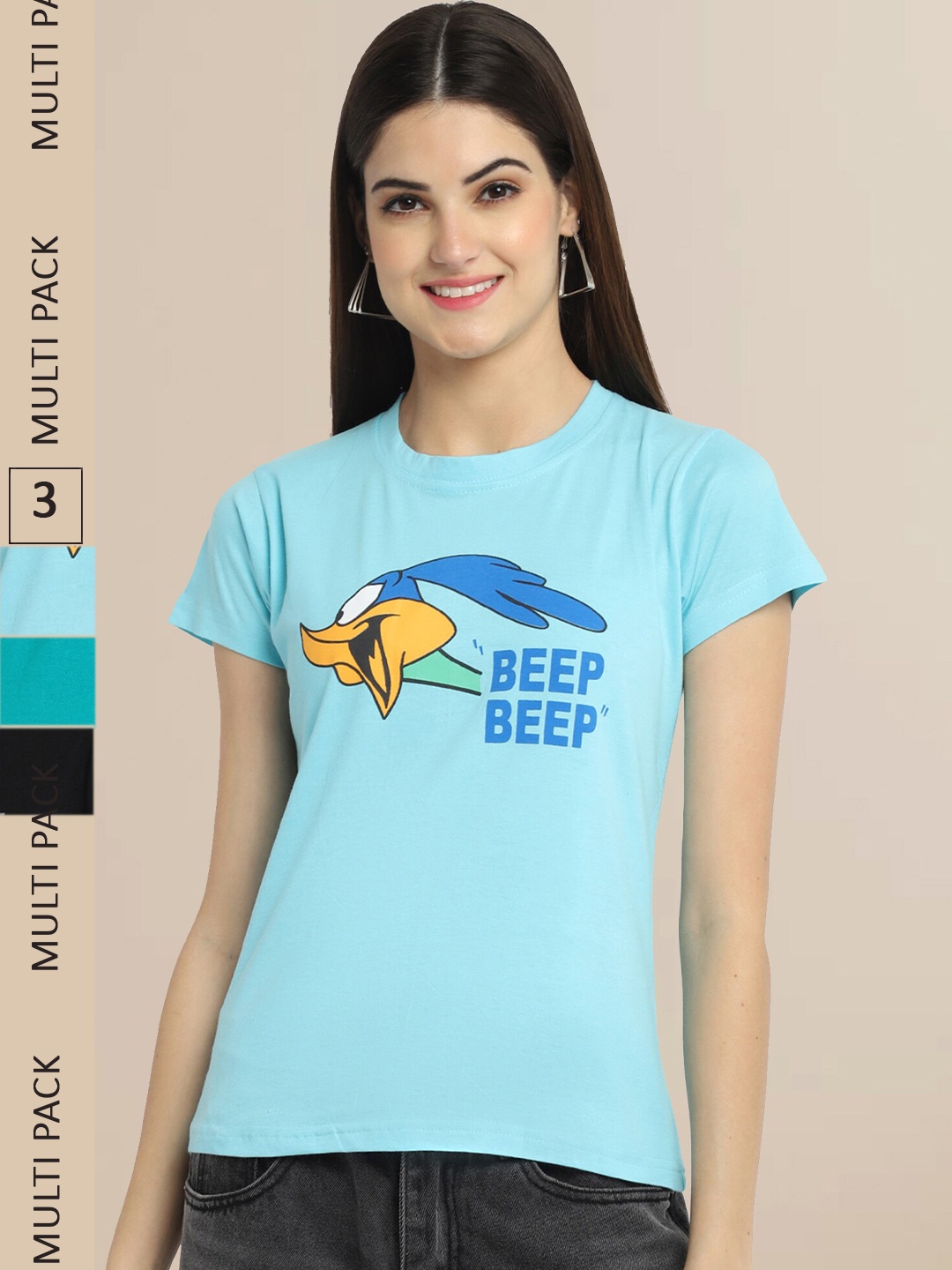 

Fabflee Women Cotton Printed T-shirt Pack of 3, Blue