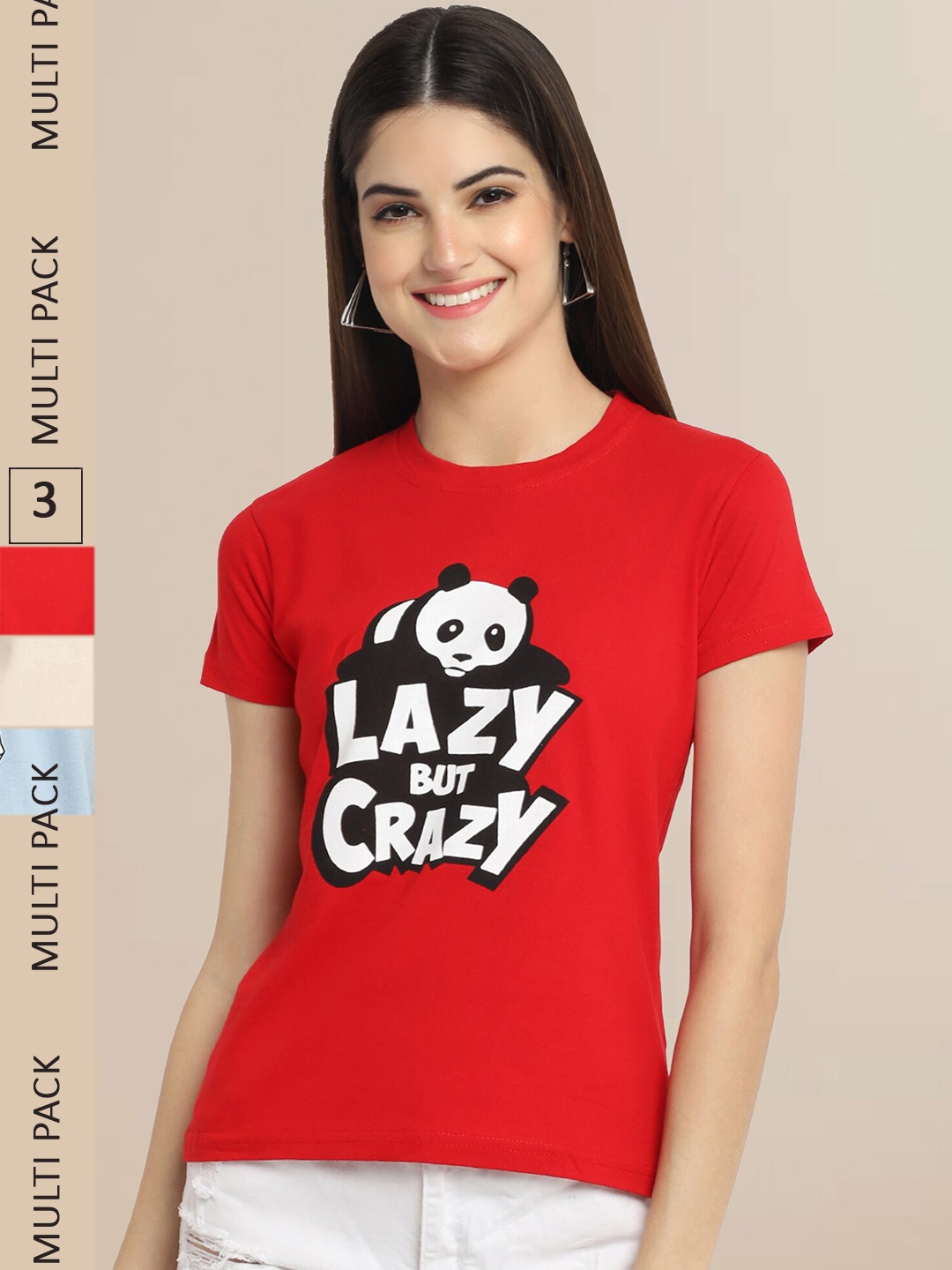 

Fabflee Women Cotton Printed T-shirt Pack of 3, Red
