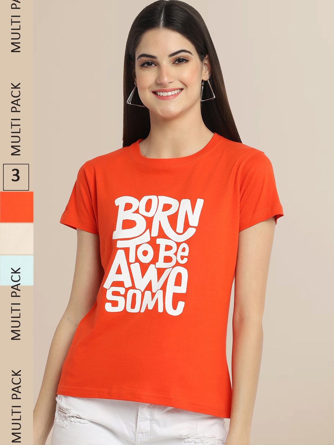 Fabflee Women Cotton Printed T-shirt Pack of 3, Orange