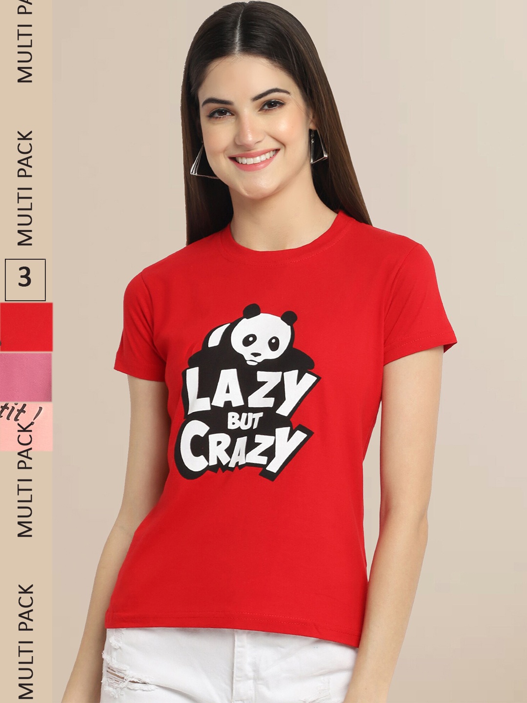 Fabflee Women Cotton Printed T-shirt Pack of 3, Red
