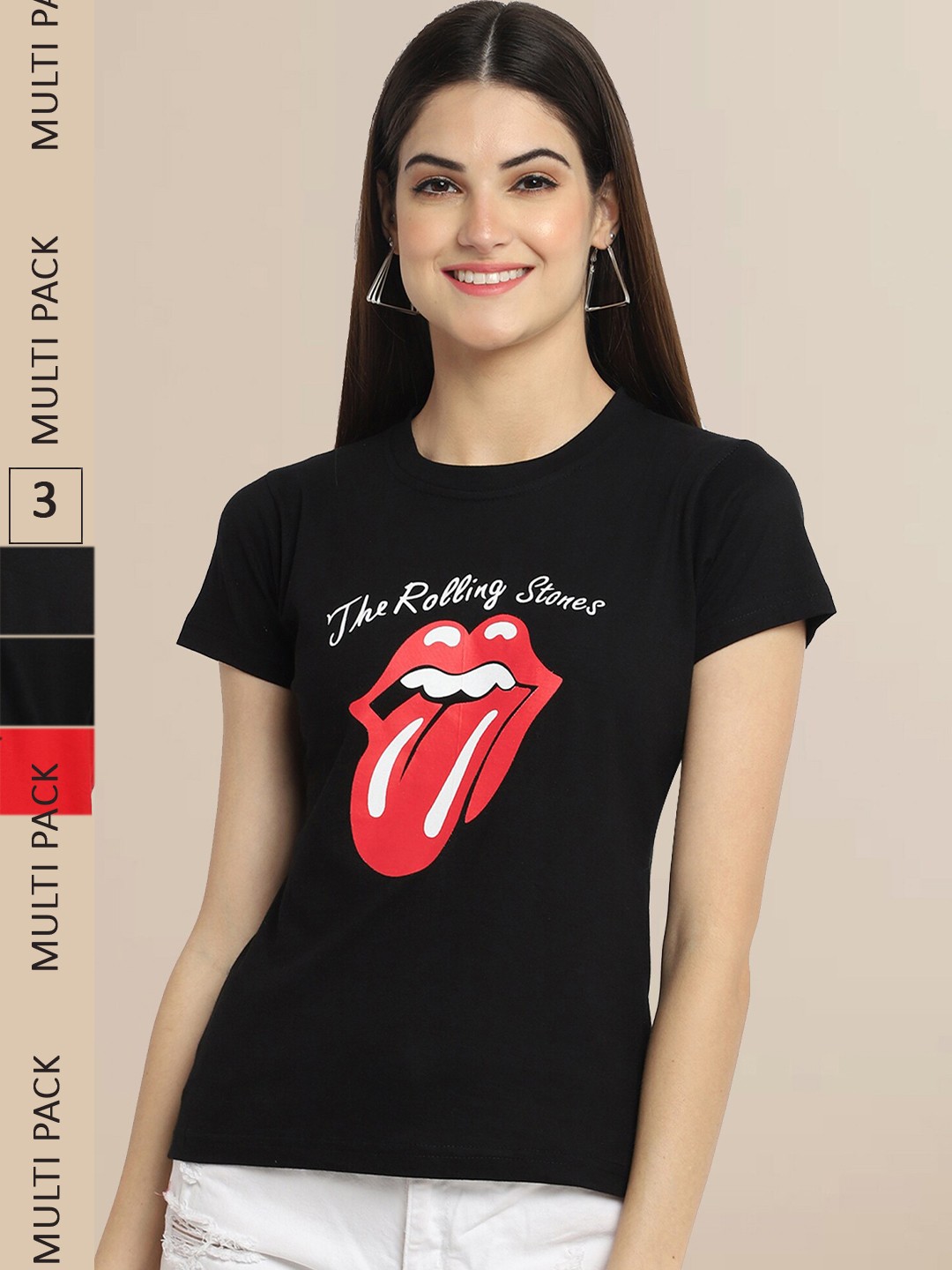

Fabflee Women Pack of 3 Cotton Printed T-shirt, Black