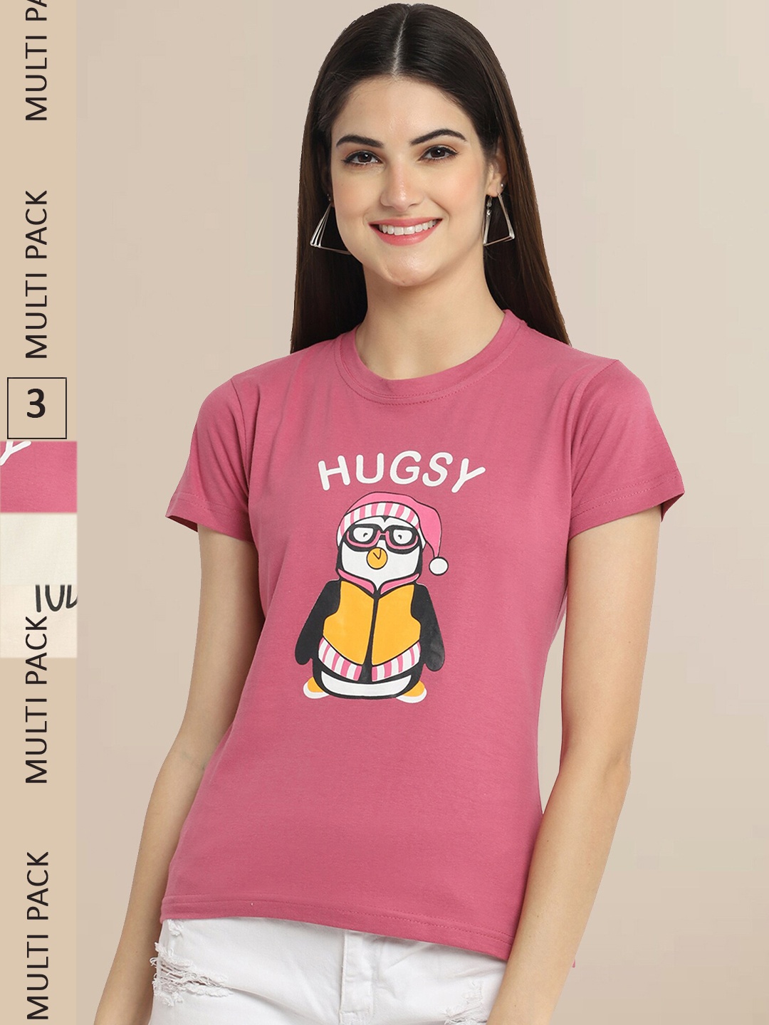 

Fabflee Women Cotton Printed T-shirt Pack of 3, Pink