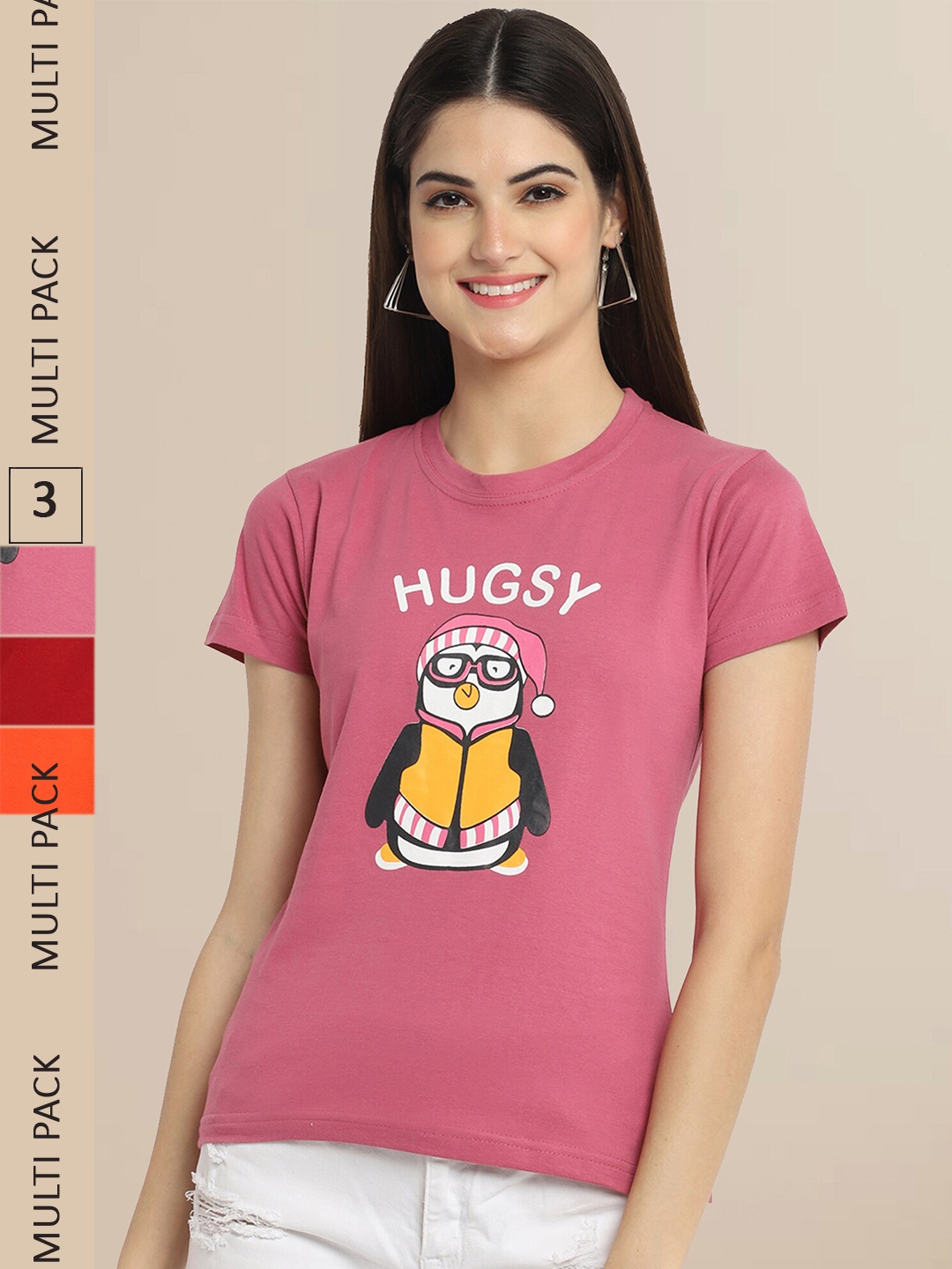 

Fabflee Women Pack of 3 Cotton Printed T-shirt, Peach