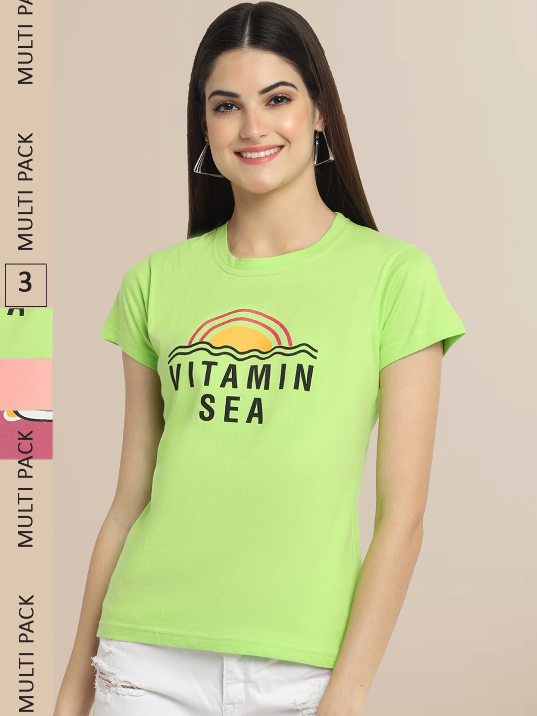 

Fabflee Women Cotton Printed T-shirt Pack of 3, Green