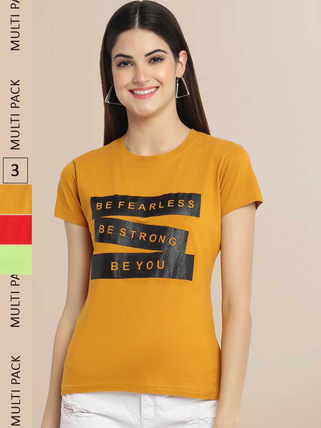 

Fabflee Women Cotton Printed T-shirt Pack of 3, Mustard