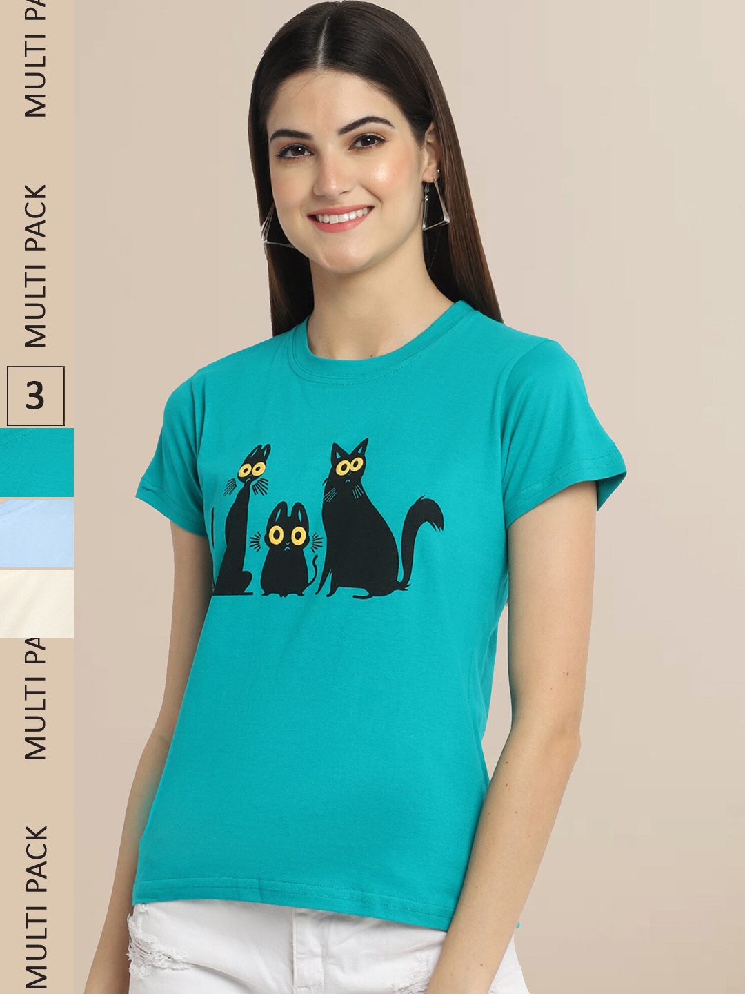 Fabflee Women Cotton Printed T-shirt Pack of 3, Teal