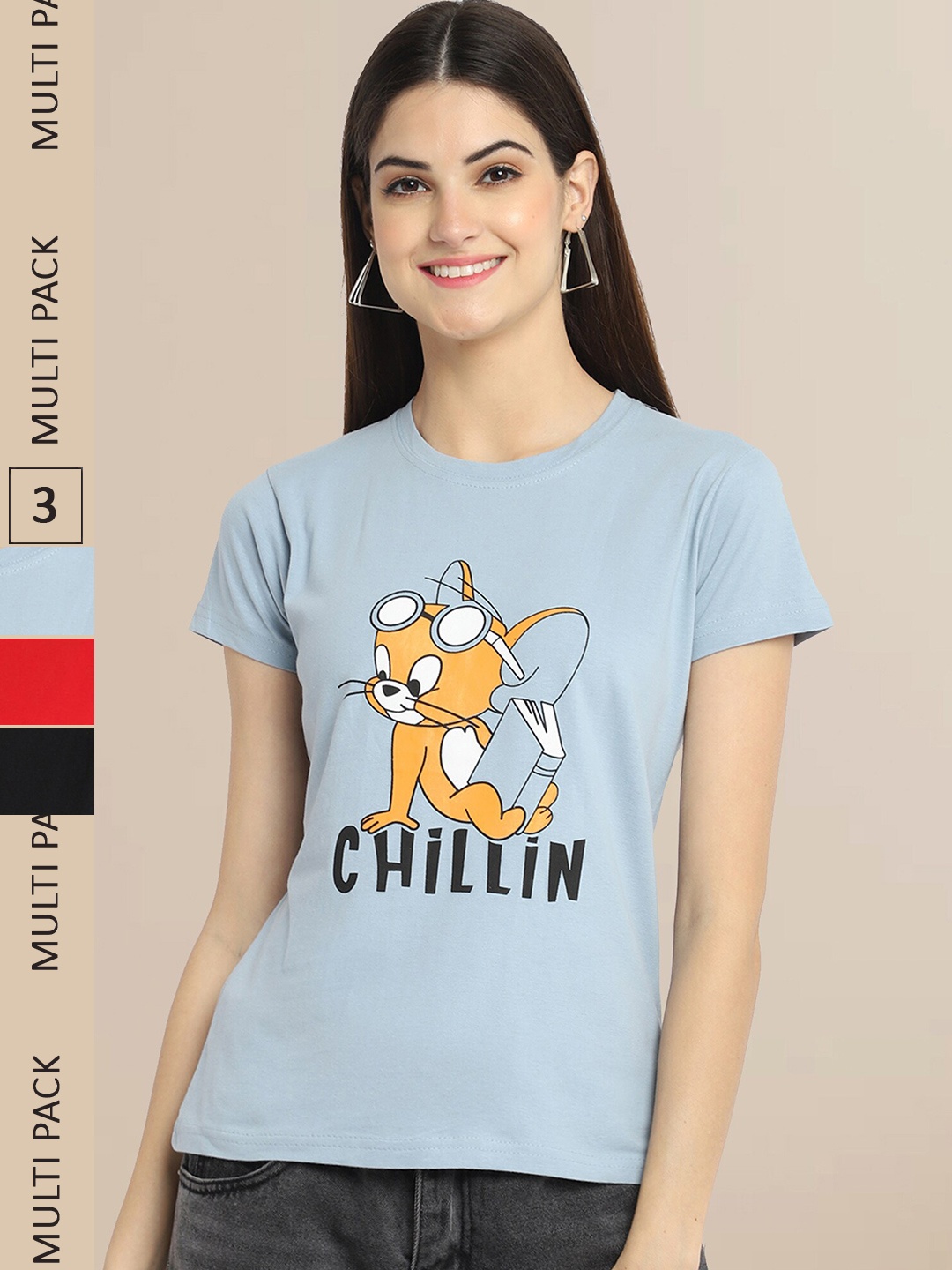 

Fabflee Women Pack of 3 Cotton Printed T-shirt, Grey