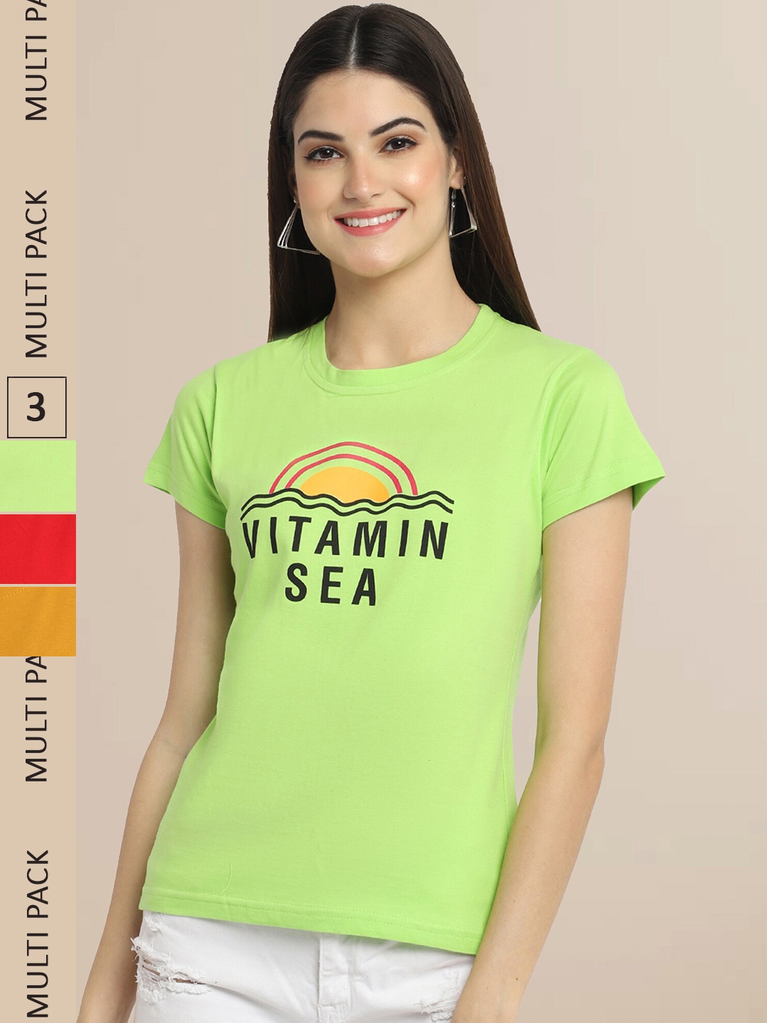 

Fabflee Women Pack of 3 Cotton Printed T-shirt, Green