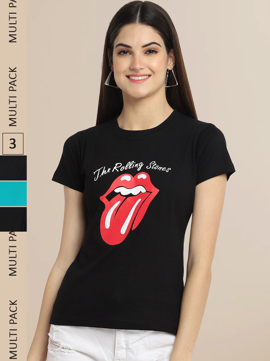 Fabflee Women Cotton Printed T-shirt Pack of 3, Black
