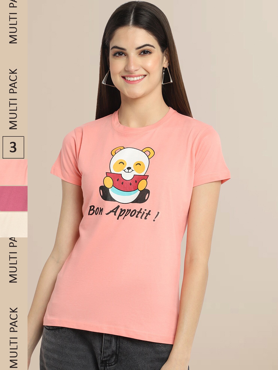 Fabflee Women Pack of 3 Cotton Printed T-shirt, Peach