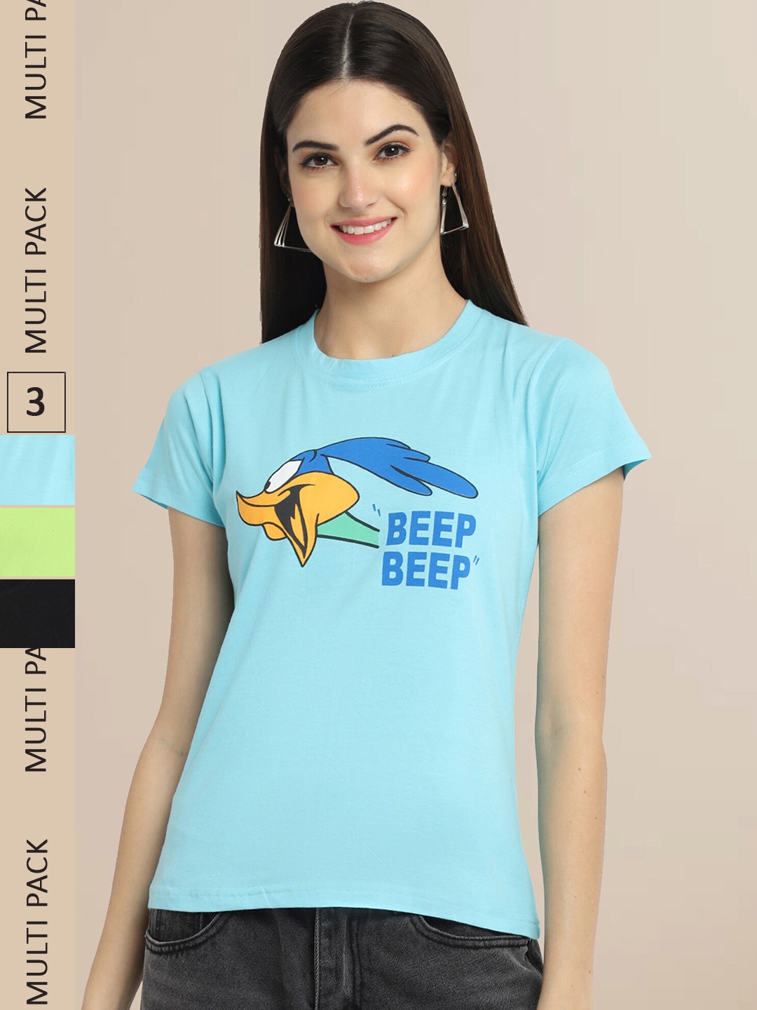

Fabflee Women Cotton Printed T-shirt Pack of 3, Blue