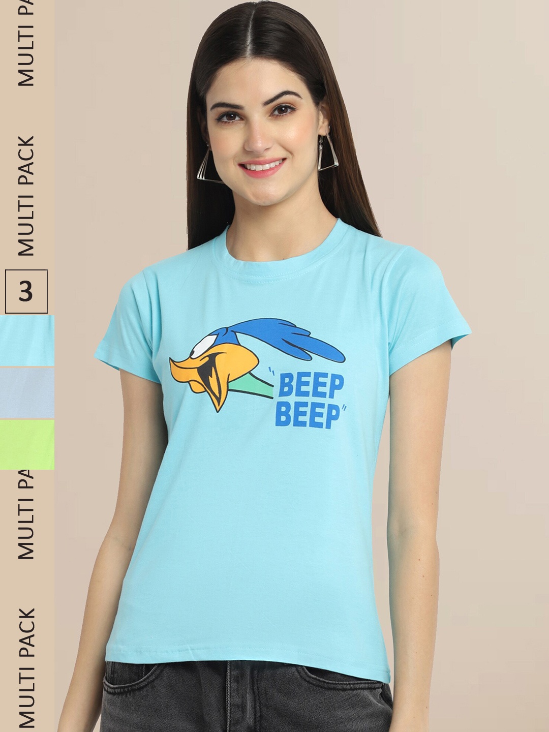 

Fabflee Women Cotton Printed T-shirt Pack of 3, Blue