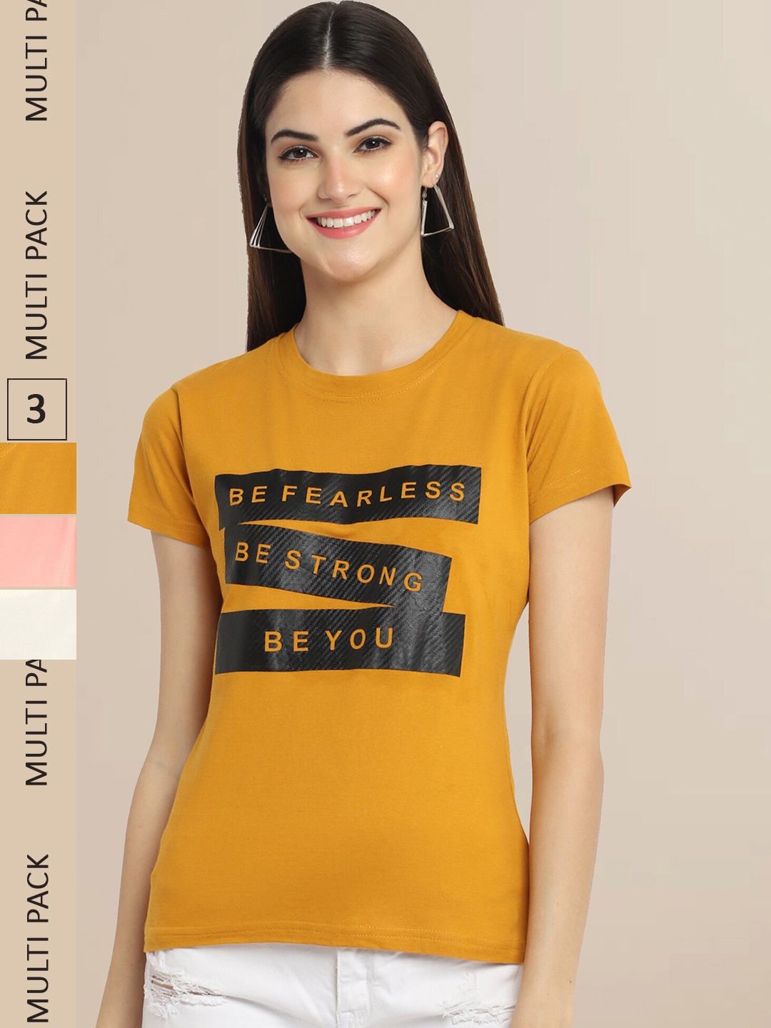Fabflee Women Cotton Printed T-shirt Pack of 3, Mustard