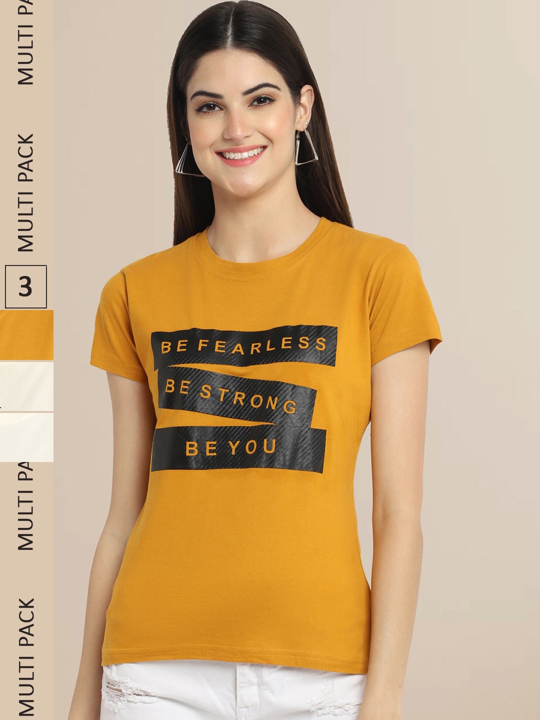 

Fabflee Women Cotton Printed T-shirt Pack of 3, Mustard