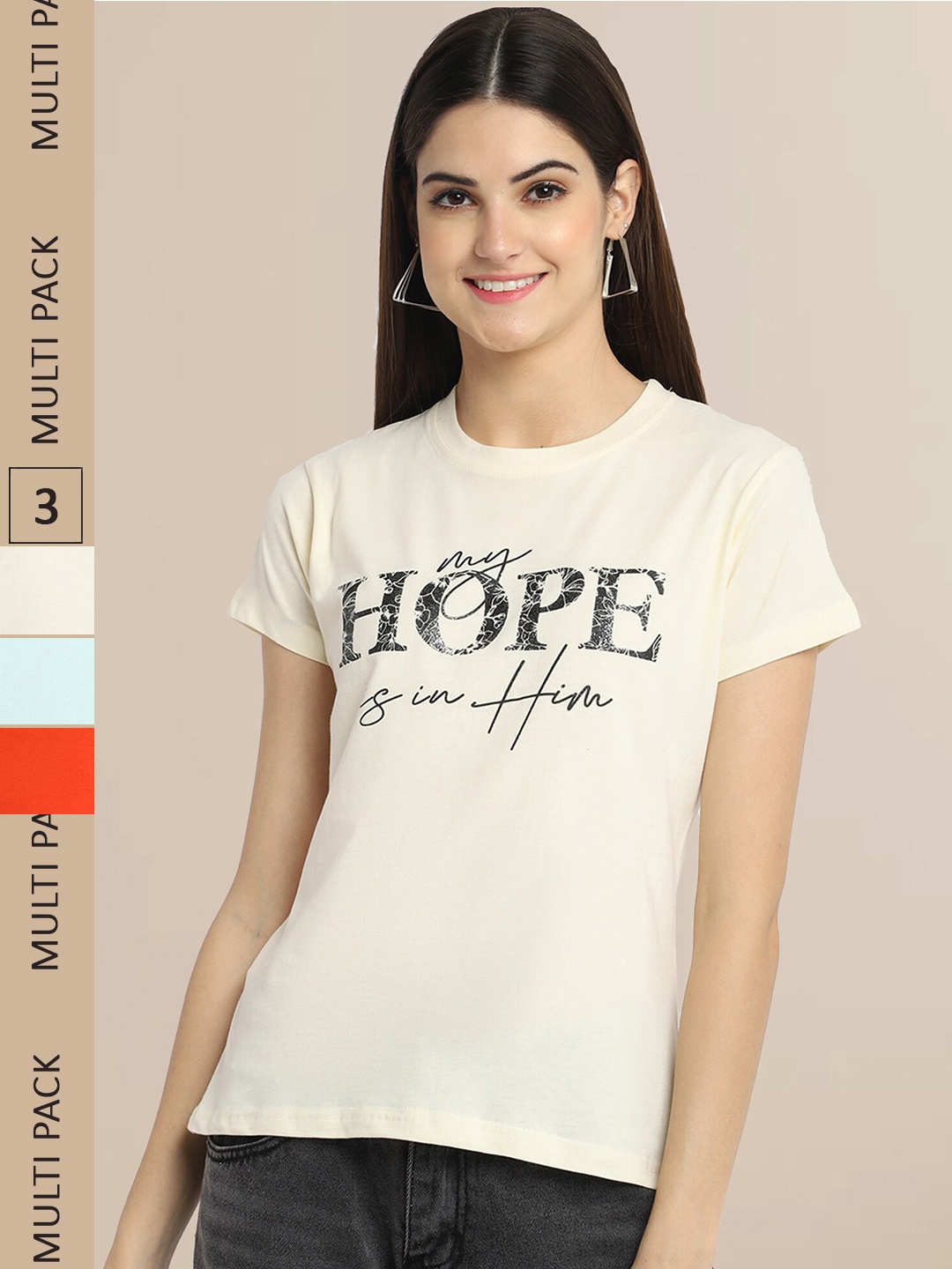 Fabflee Women Pack of 3 Cotton Printed T-shirt, Cream