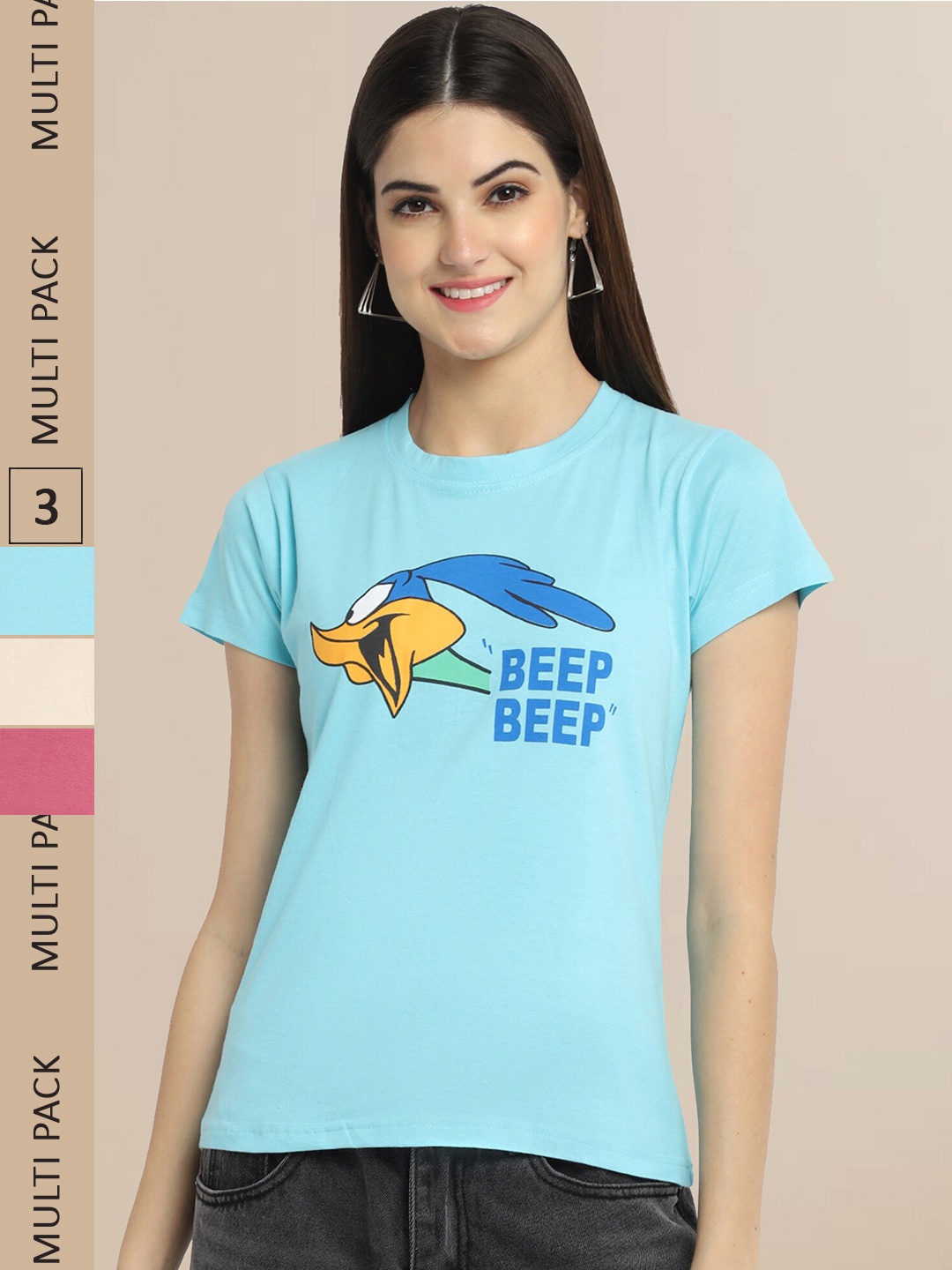 

Fabflee Women Cotton Printed T-shirt Pack of 3, Blue