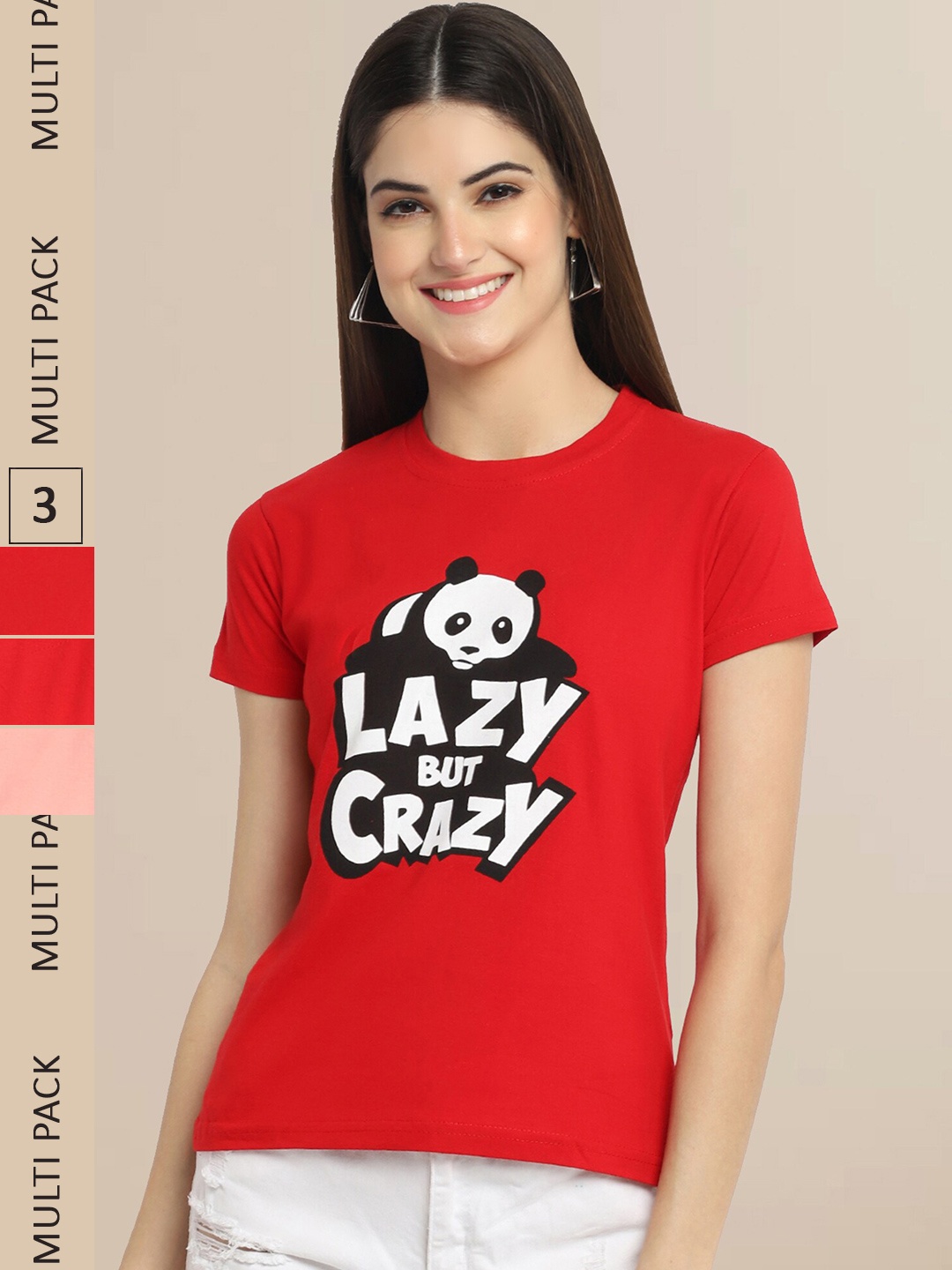 

Fabflee Women Cotton Printed T-shirt Pack of 3, Red