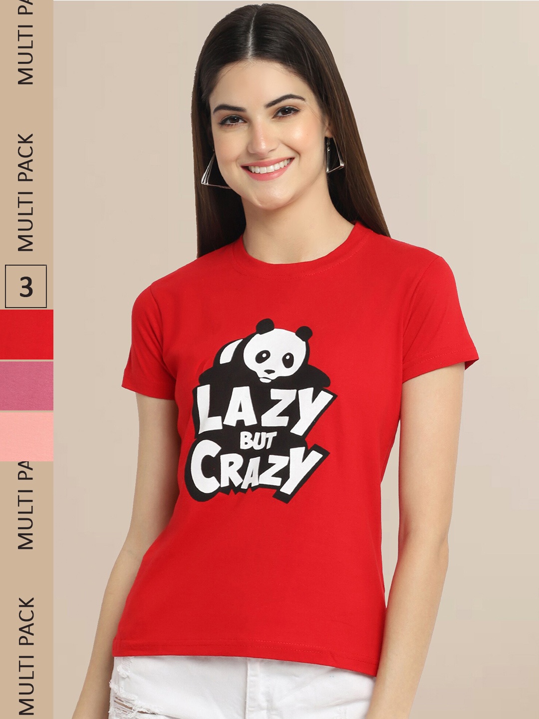 

Fabflee Women Cotton Printed T-shirt Pack of 3, Red