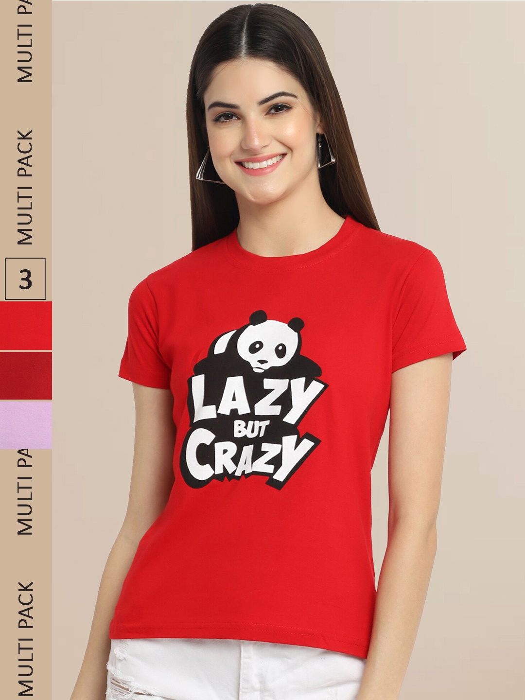 

Fabflee Women Cotton Printed T-shirt Pack of 3, Red