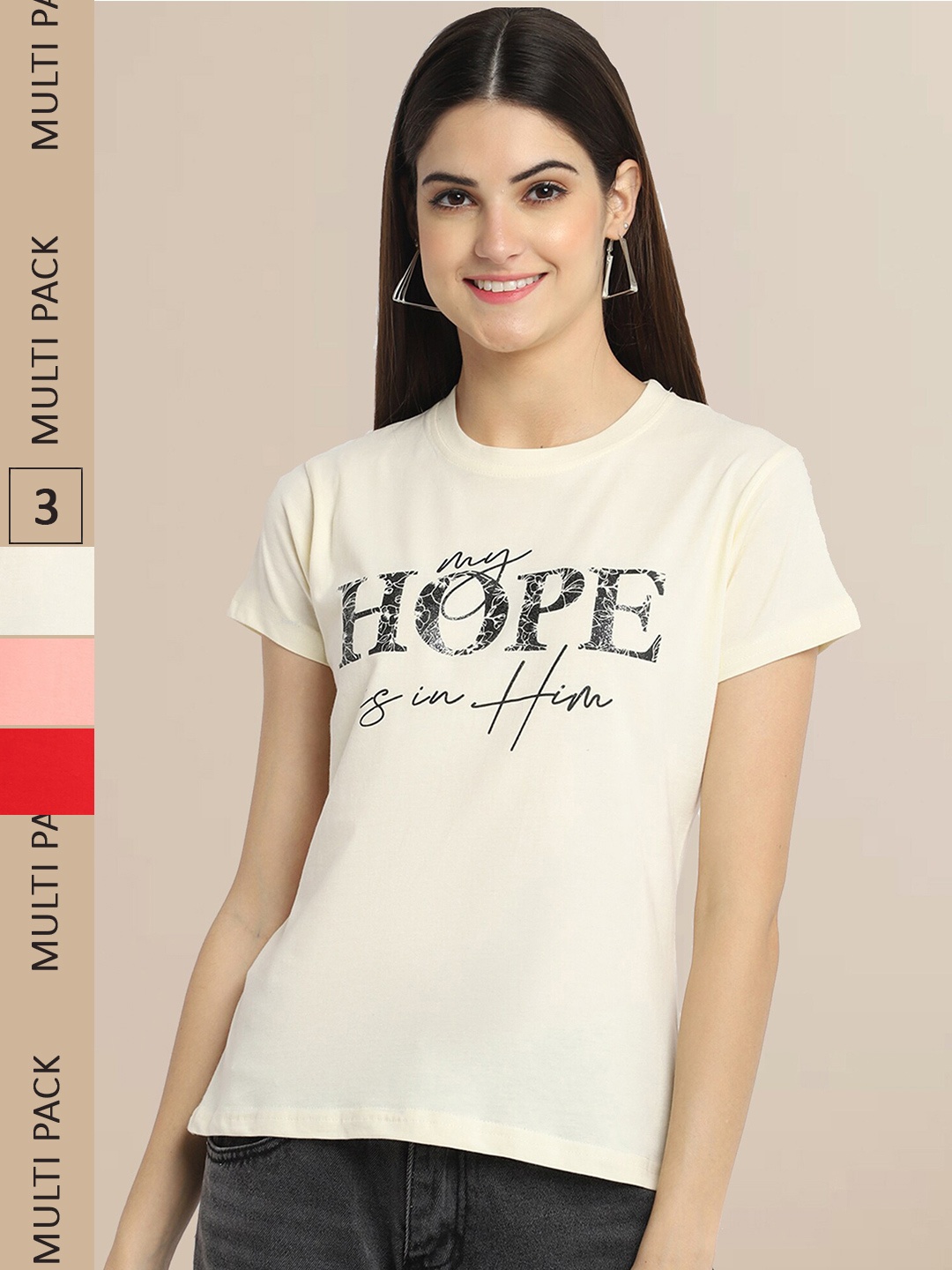 

Fabflee Women Pack of 3 Cotton Printed T-shirt, Cream