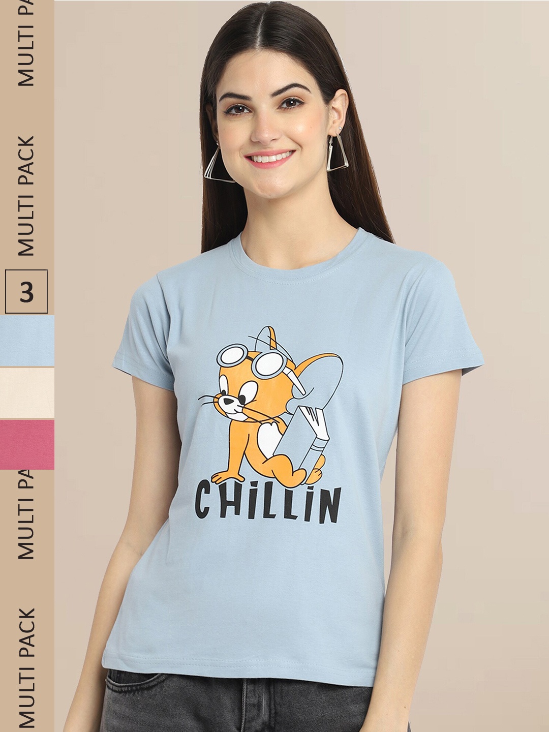 

Fabflee Women Pack Of 3 Cotton Printed Graphic T-shirt, Blue