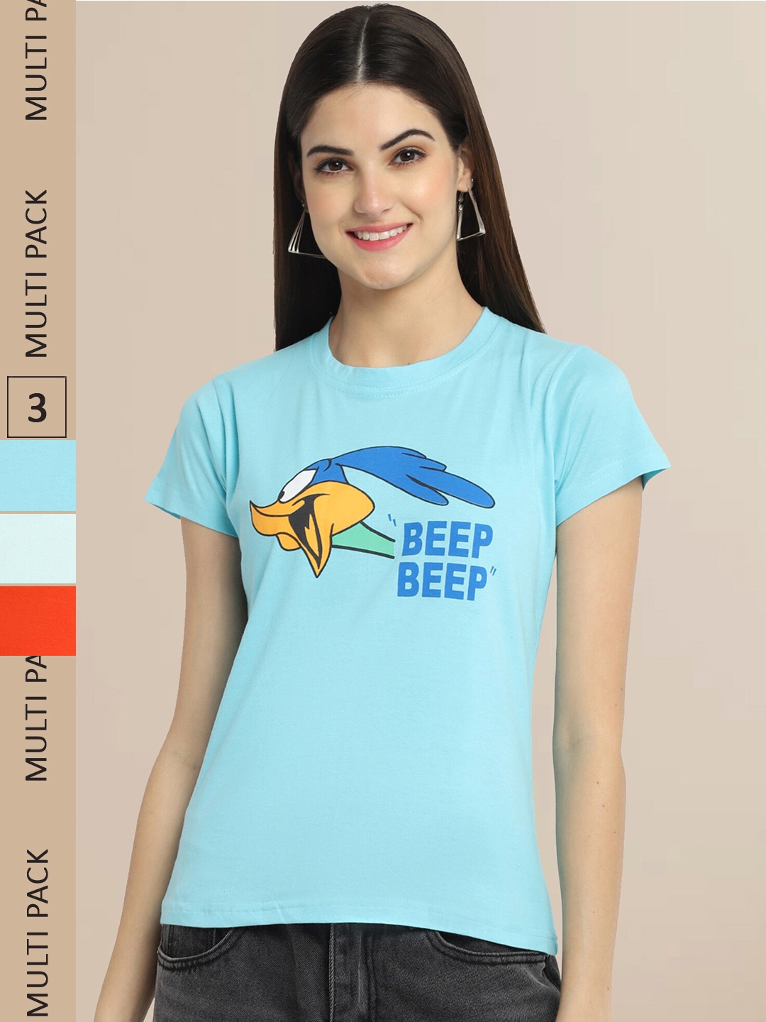 Fabflee Women Pack Of 3 Cotton Printed Graphic T-shirt, Blue