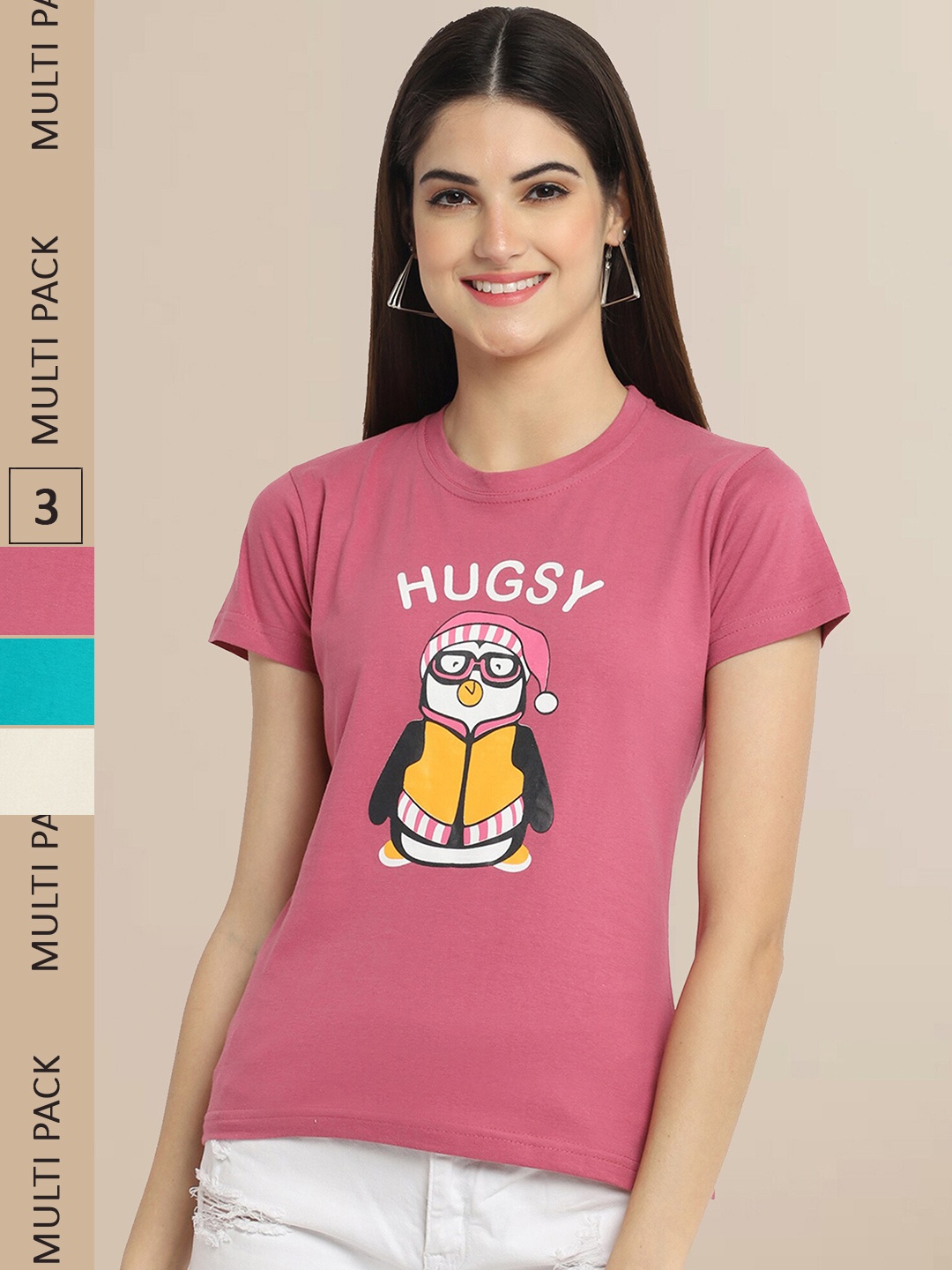 Fabflee Women Pack Of 3 Cotton Printed Graphic T-shirt, Pink