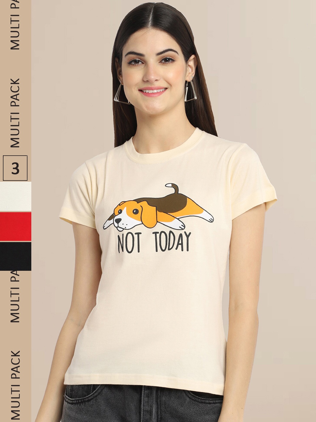 

Fabflee Women Pack Of 3 Cotton Printed Graphic T-shirt, Cream