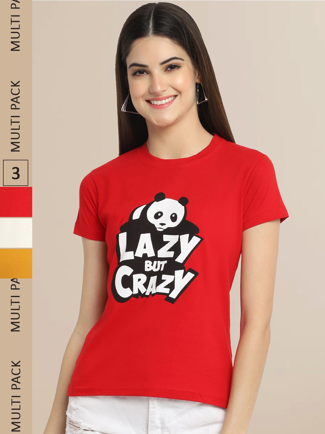 Fabflee Women Pack Of 3 Cotton Printed Graphic T-shirt, Red
