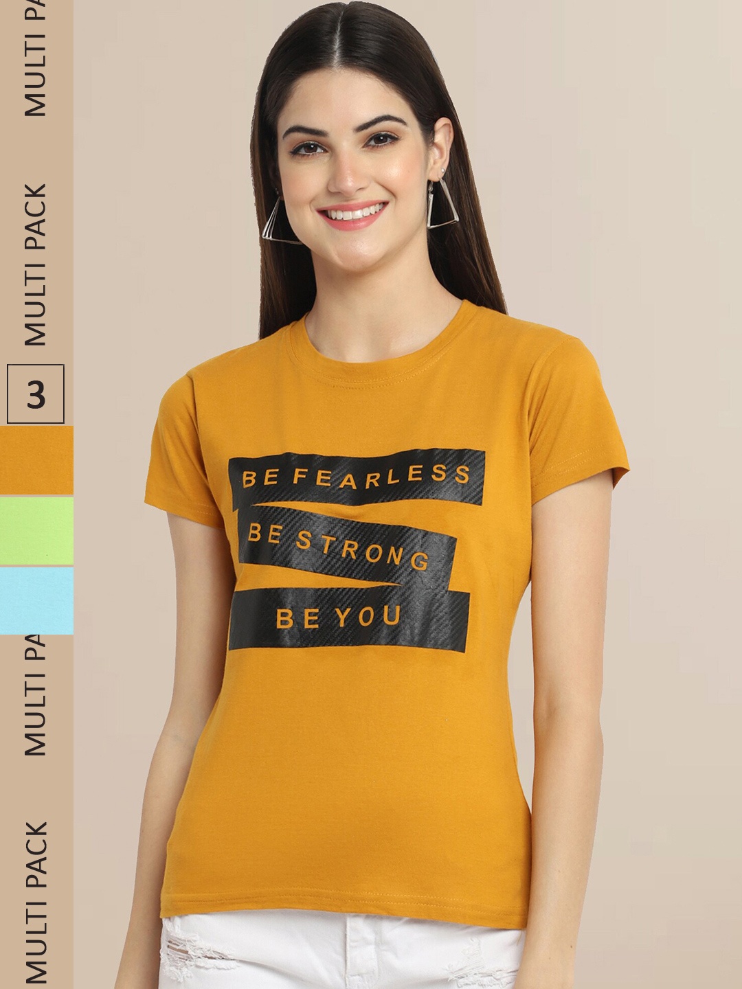 

Fabflee Women Pack Of 3 Cotton Printed Typography T-shirt, Mustard