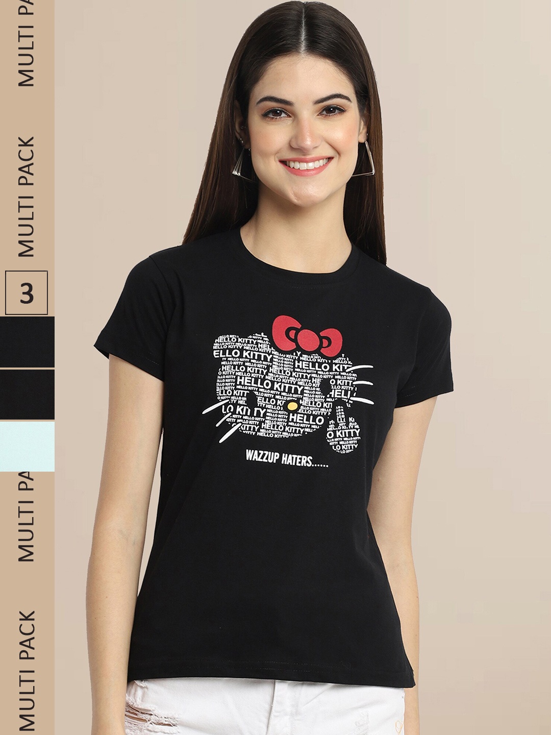 

Fabflee Women Black & Blue Pack Of 3 Cotton Graphic T-shirt