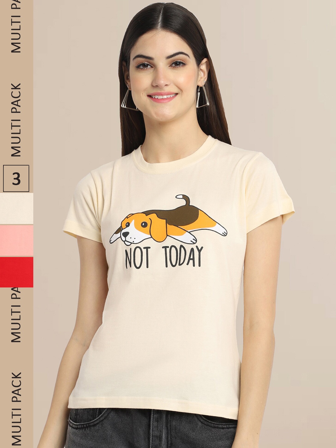 Fabflee Women Pack Of 3 Cotton Printed Graphic T-shirt, Cream