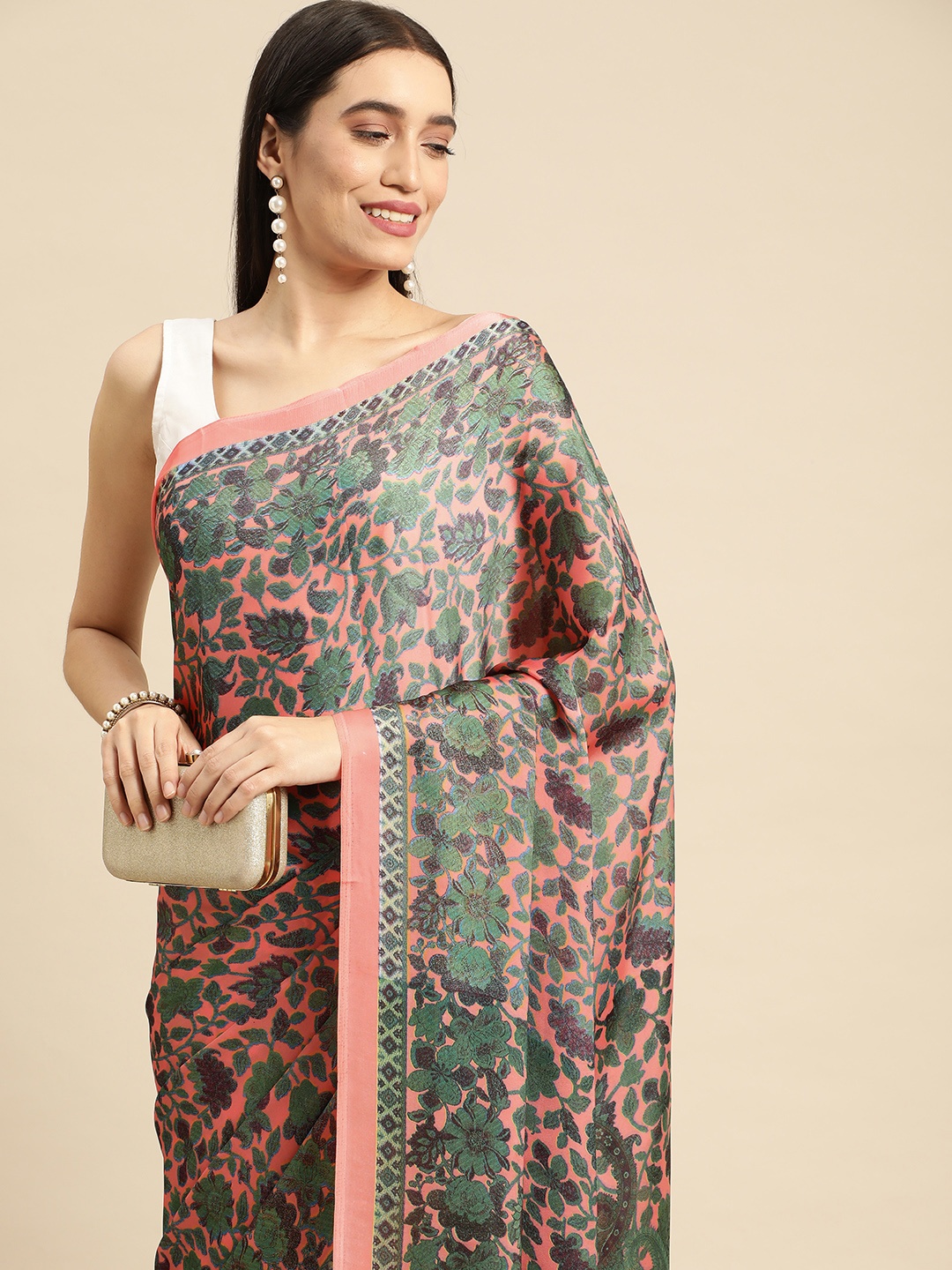 

RACHNA Pink Floral Satin Saree