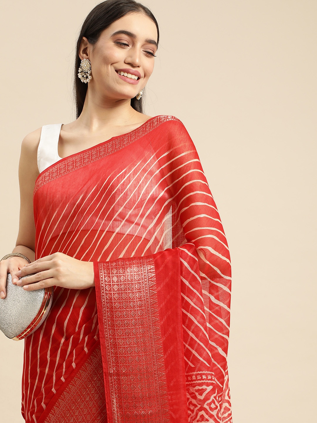 

RACHNA Red Leheriya Linen Blend Saree