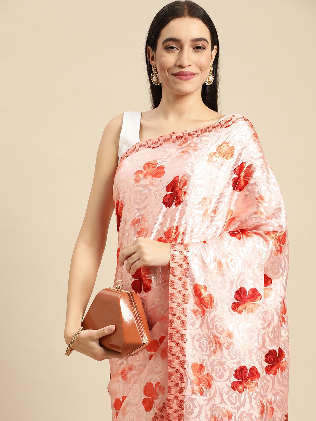 

RACHNA Pink Floral Satin Saree