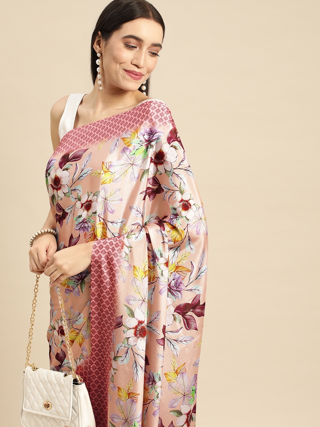 

RACHNA Cream-Coloured Floral Satin Saree