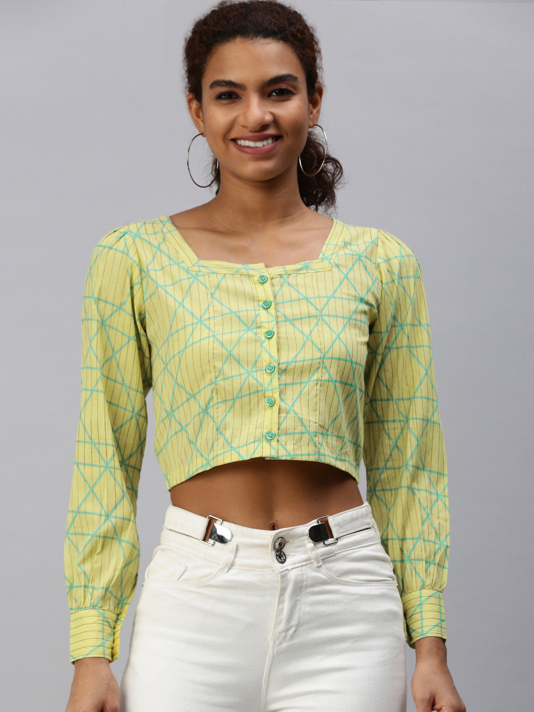 

KALINI Striped Shirt Style Pure Cotton Crop Top, Lime green