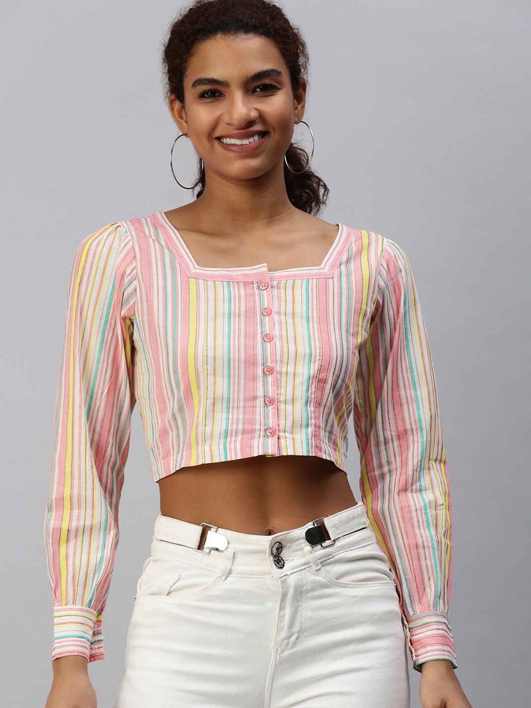 

KALINI Striped Shirt Style Pure Cotton Crop Top, White