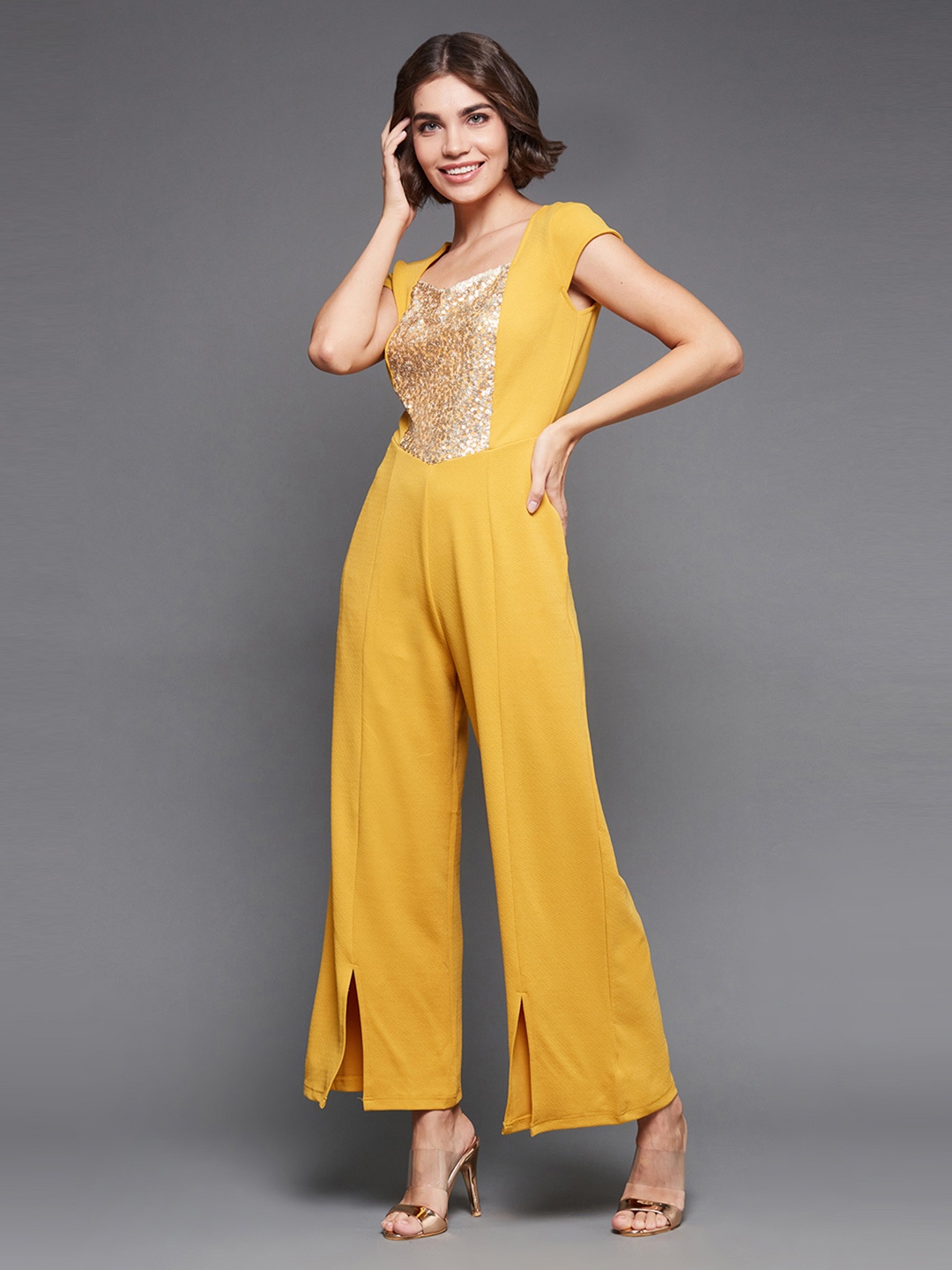 

Miss Chase Mustard & Gold-Toned Basic Sequined Jumpsuit