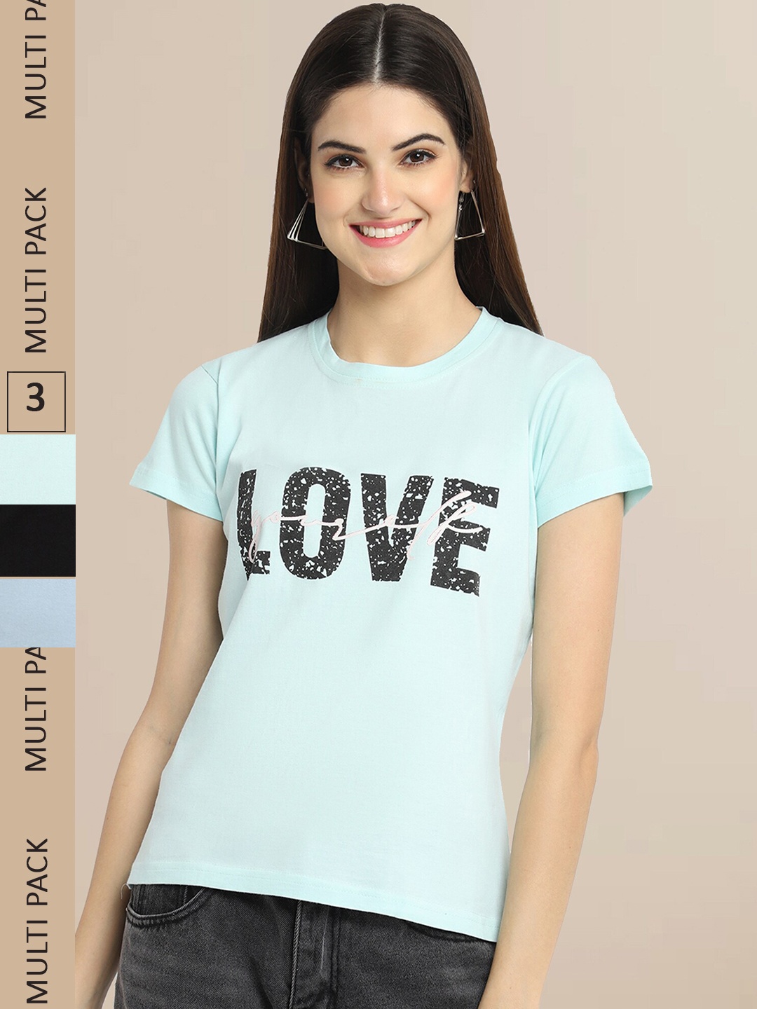

Fabflee Women Sea Green & Black Pack of 3 Typography Printed Cotton T-shirt