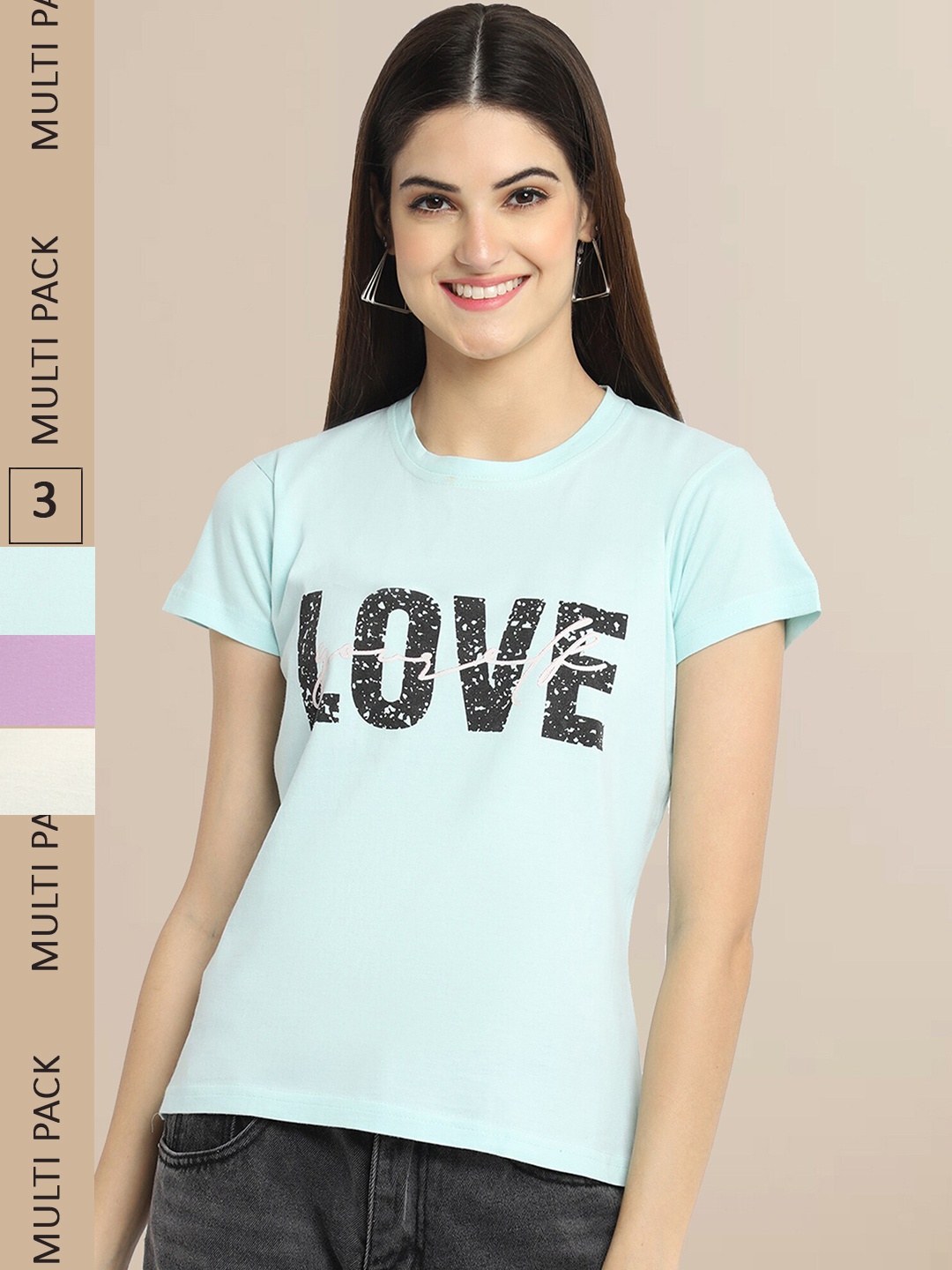 

Fabflee Pack Of 3 Women Green & Violet Typography Printed Cotton T-shirt