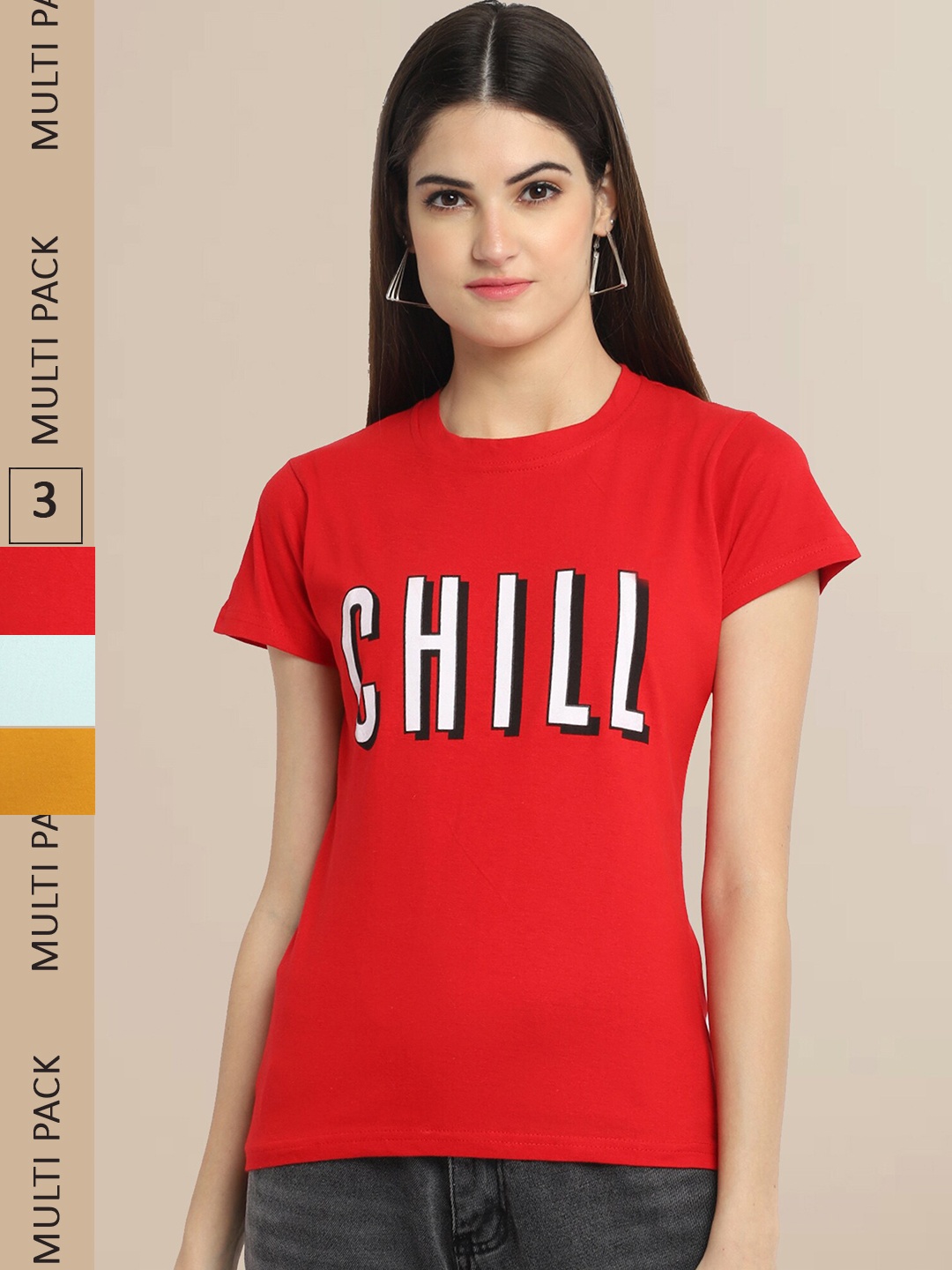 Fabflee Pack Of 3 Women Red & Green Typography Printed Cotton T-shirts