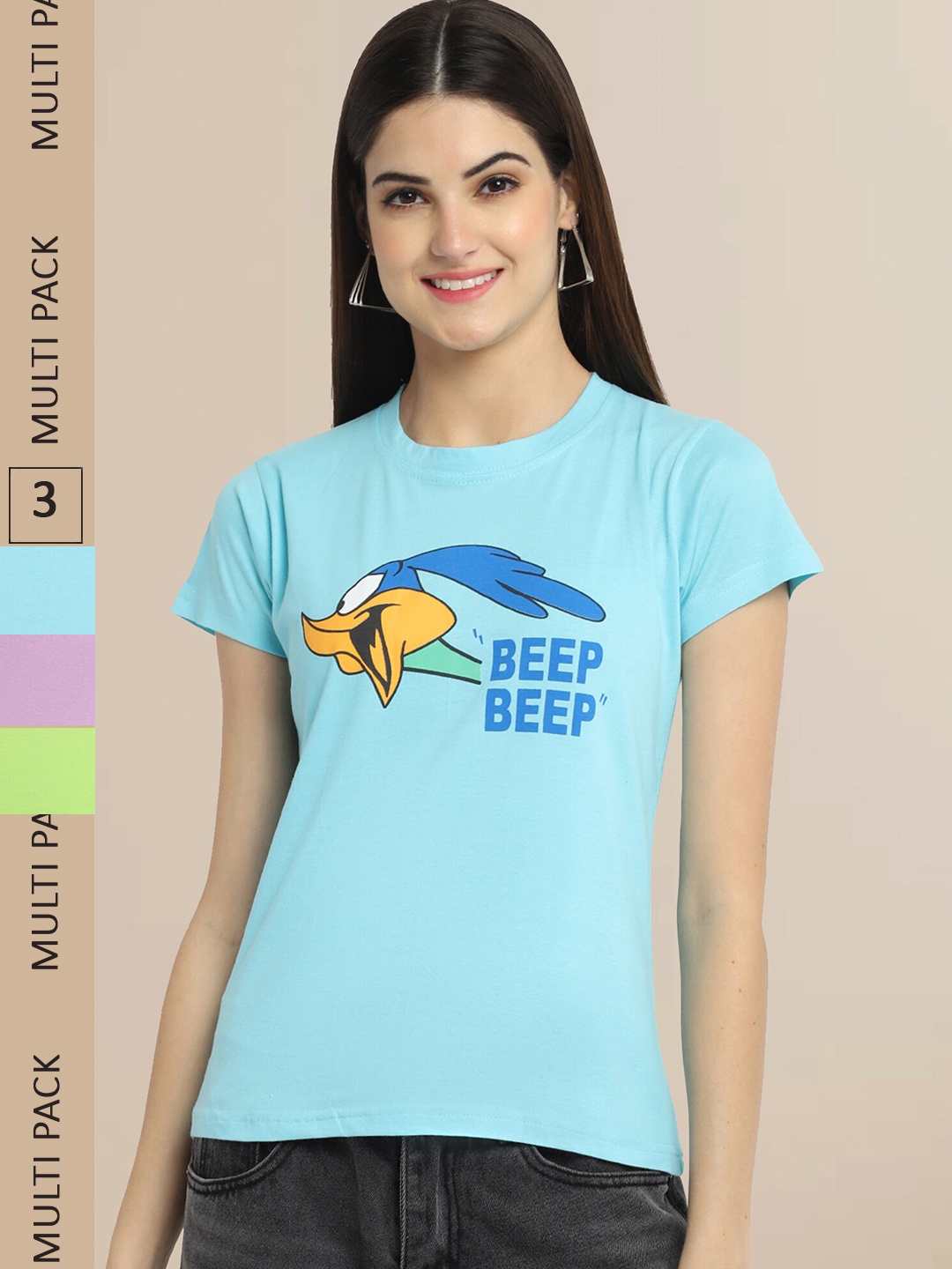 

Fabflee Pack Of 3 Women Typography Printed Cotton T-shirts, Blue